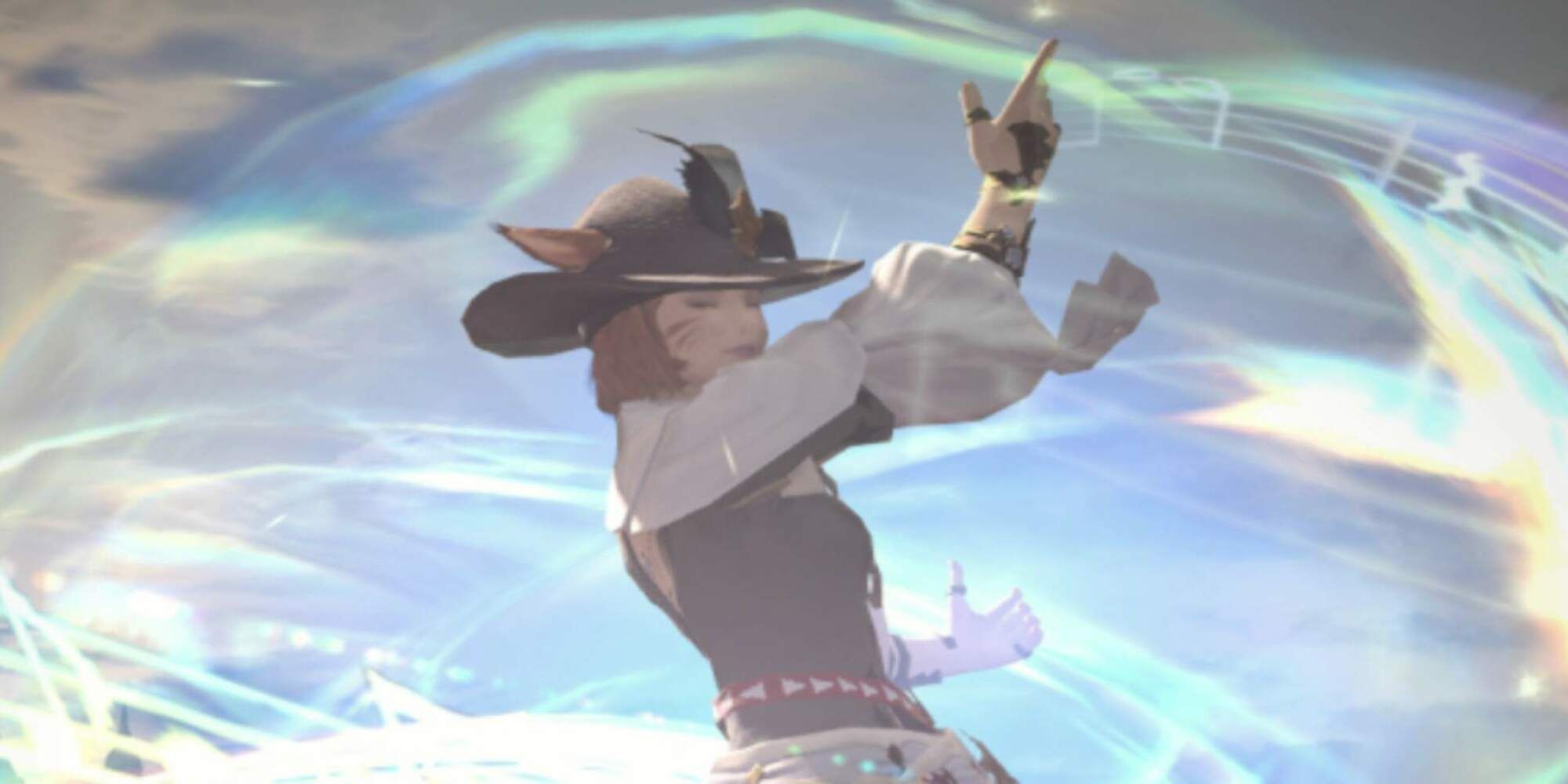 Final Fantasy 14 a female Bard displaying her musical prowess. Multicoloured musical notes surround her.