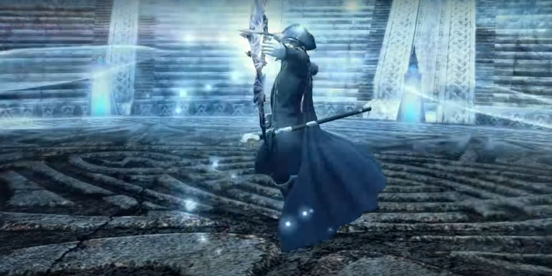 Final Fantasy 14 - a screenshot of Martyn the Blue Mage about to cast a powerful ice spell.