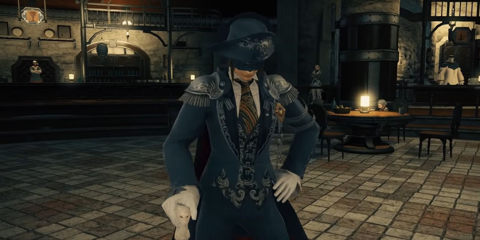 A screenshot of Martyn the Blue Mage from Final Fantasy 14 - wearing a blue over coat, with a shirt and tie plus cane.
