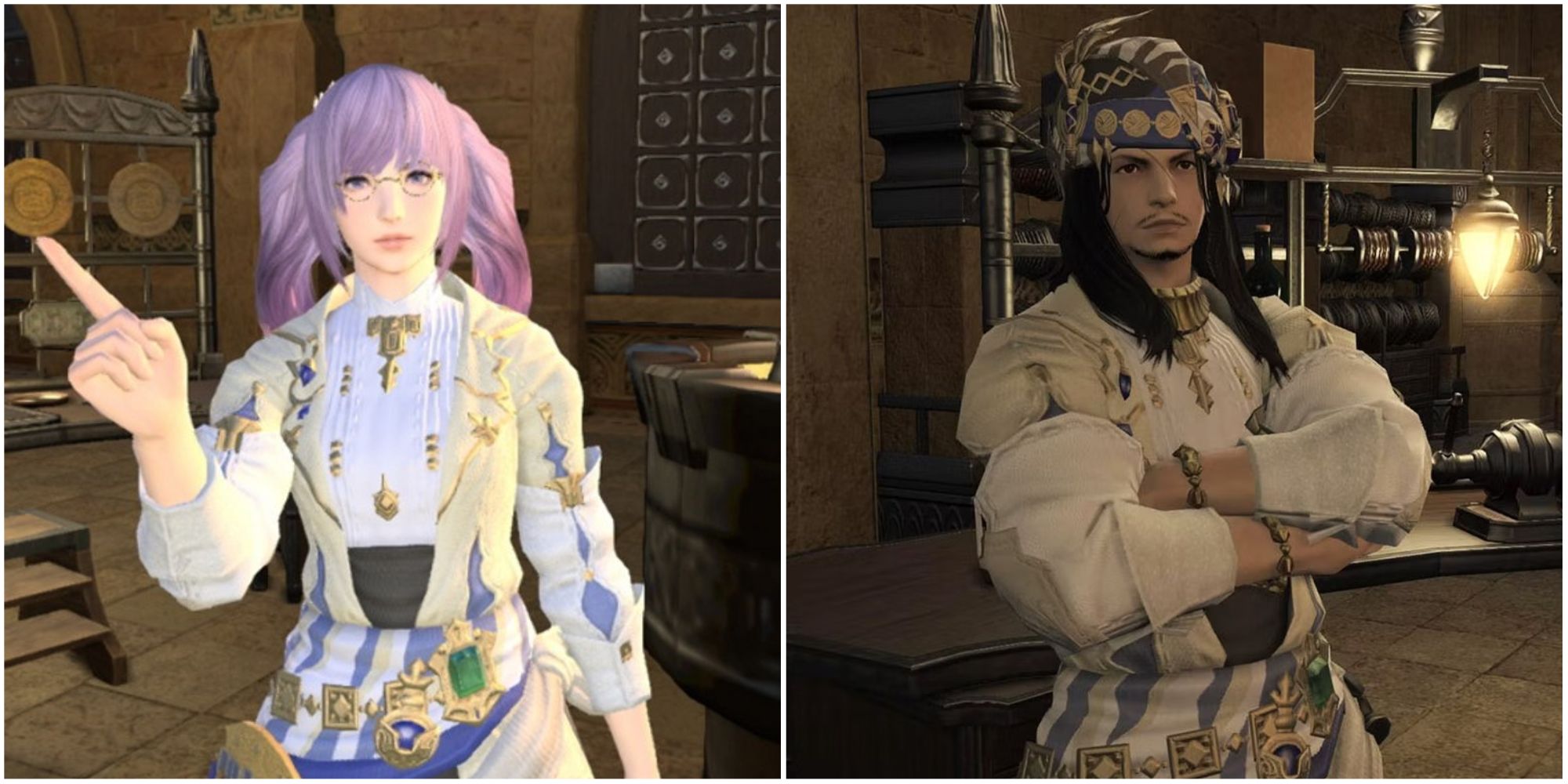 Split image showing Goldsmith characters in Final Fantasy 14.