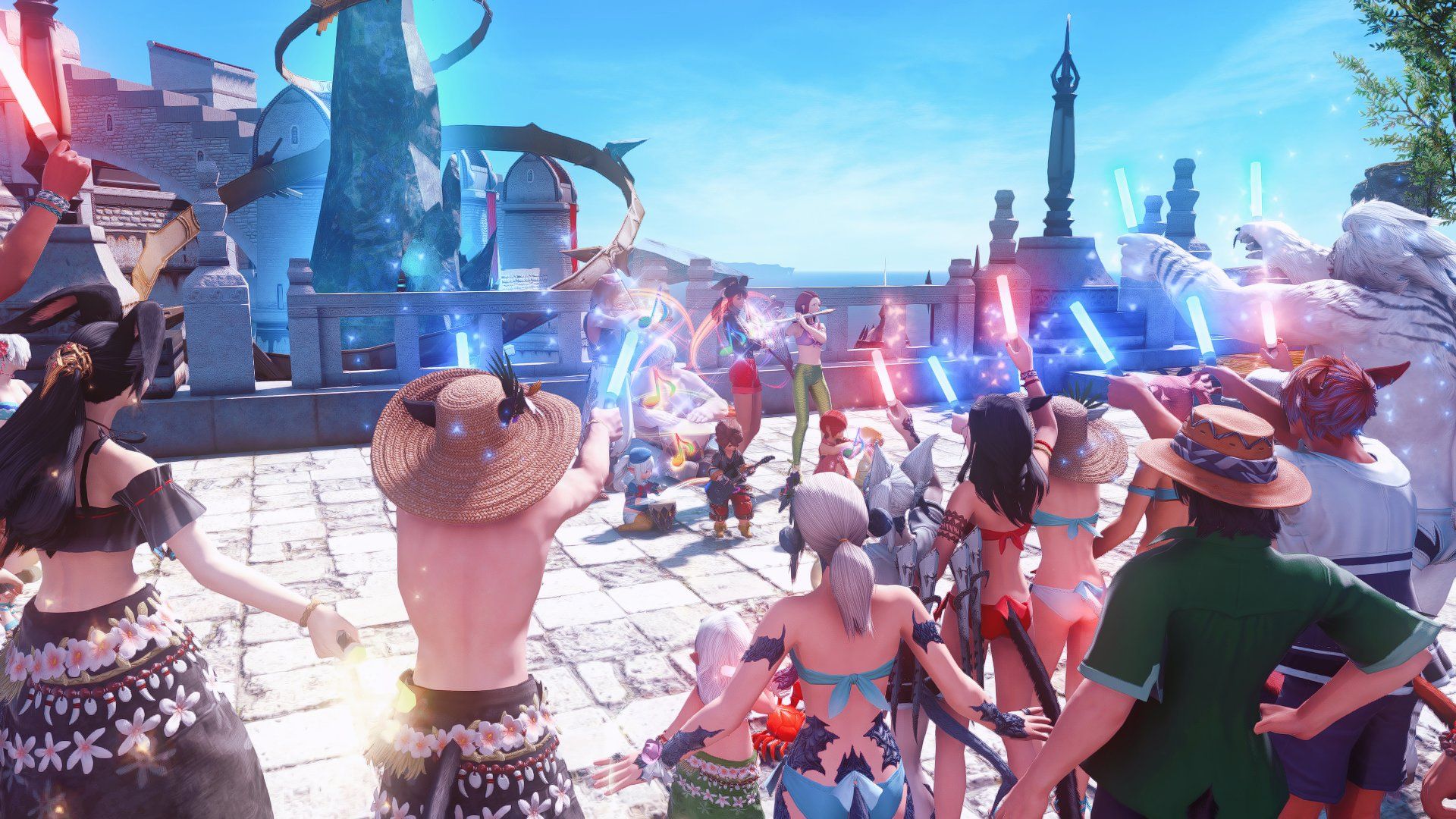 Final Fantasy 14 Lazy Afternoons bard band playing to a crowd in Limsa