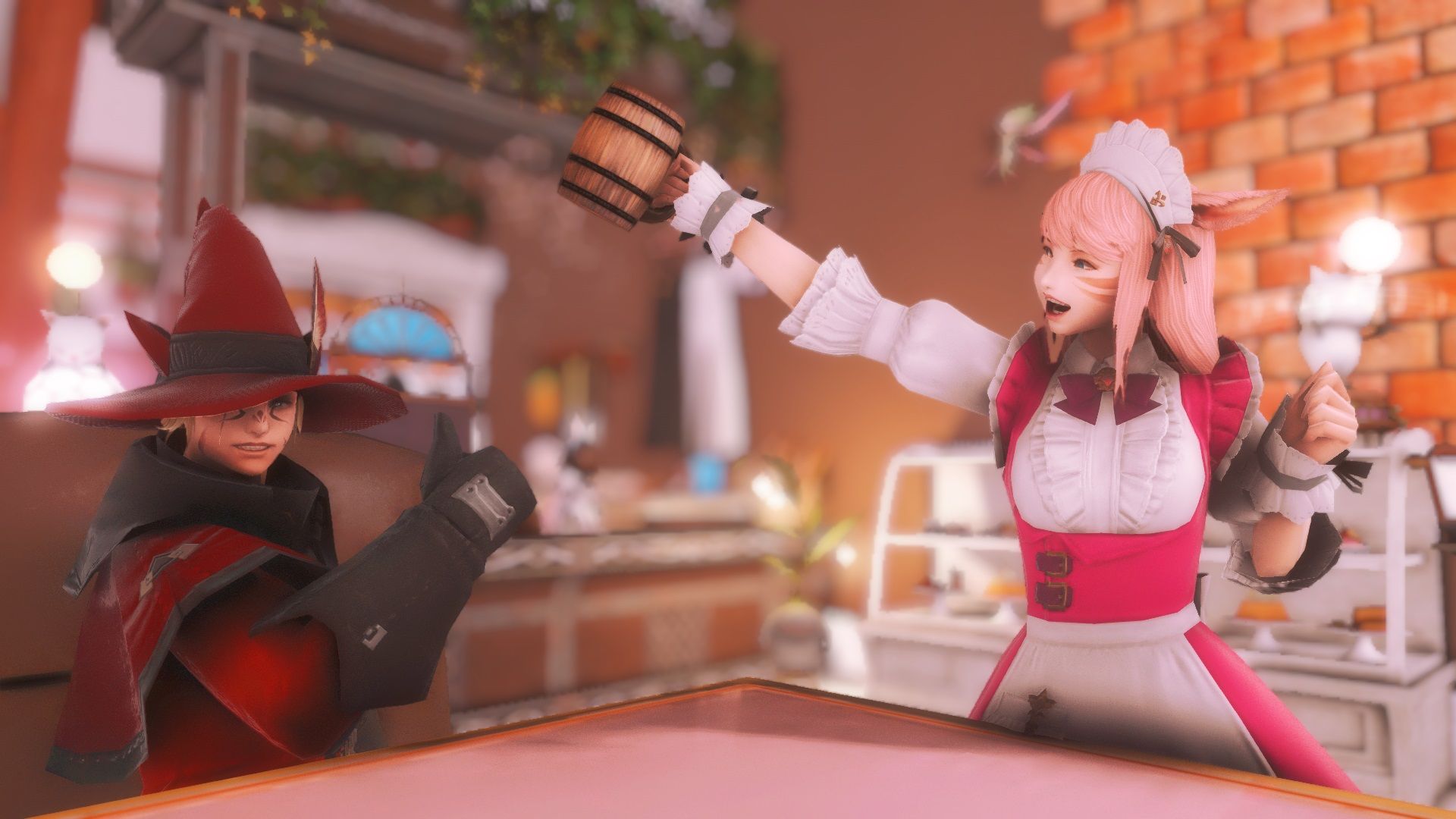Final Fantasy 14 a maid having a drink with a customer in the Maid Service cafe