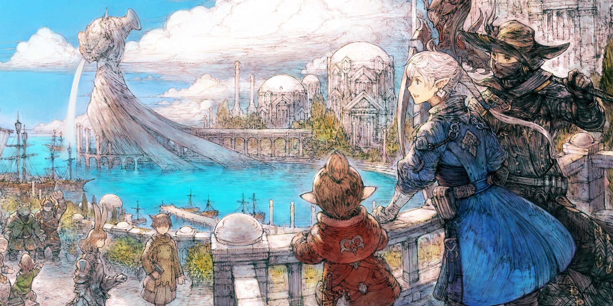 Final Fantasy 14 key artwork for Endwalker showing Alphinaud a lalafell and a reaper in Sharlayan