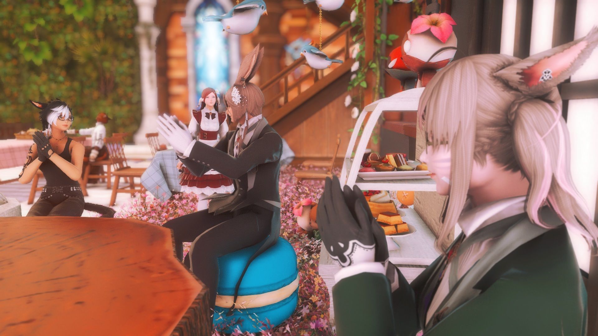 Final Fantasy 14 maids and butlers with customers in the Maid Service cafe