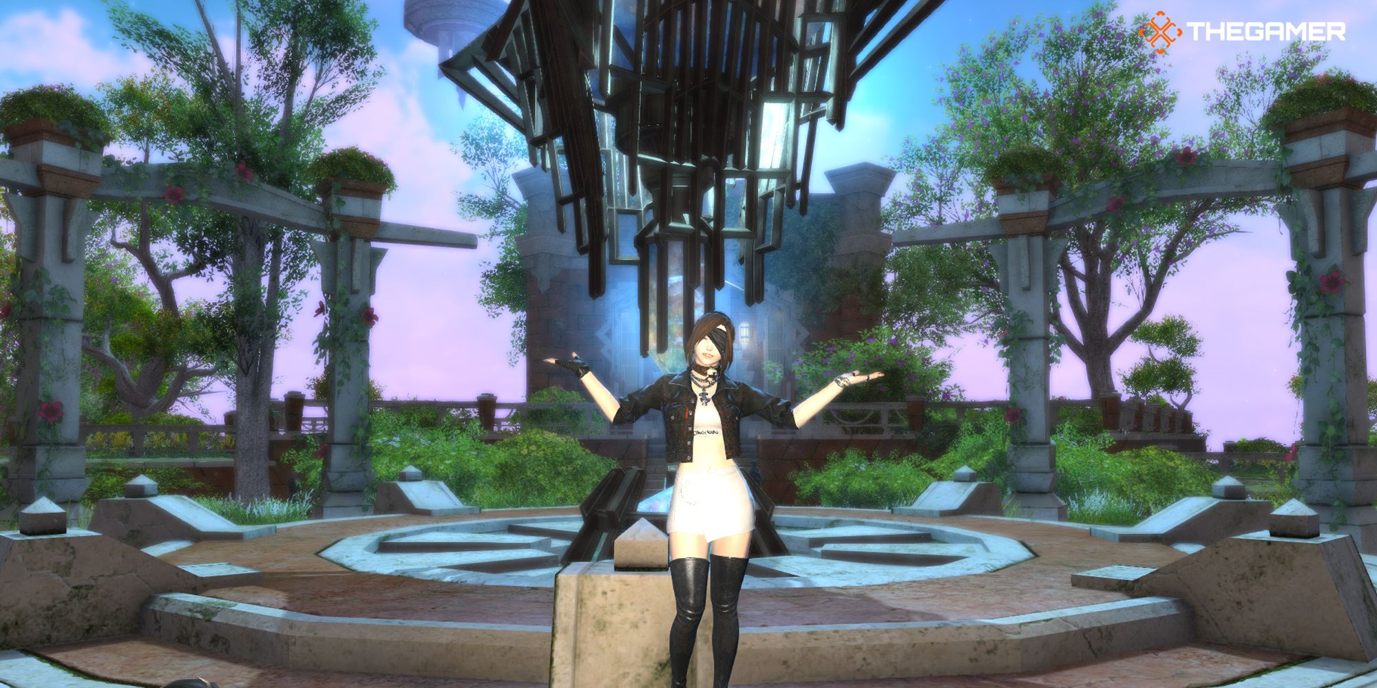 Final Fantasy 14 player in front of an aetheryte