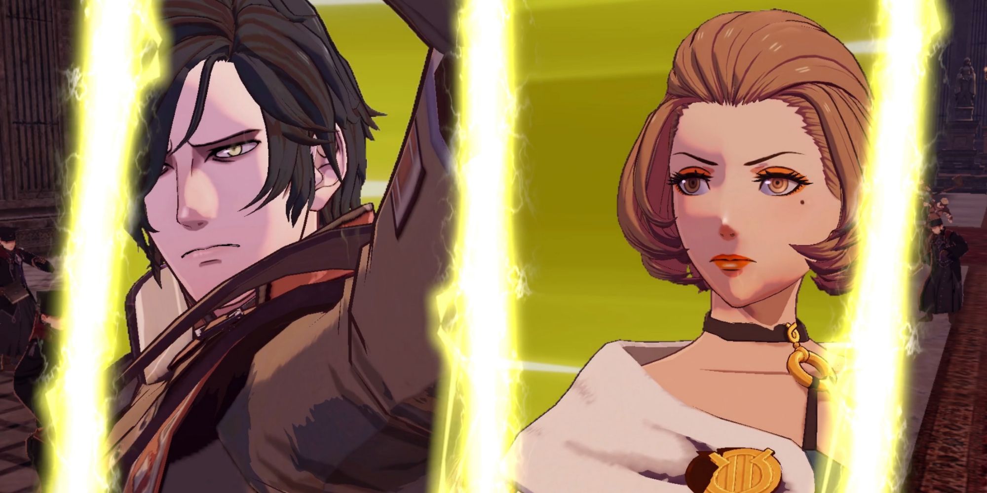 Hubert and Manuela team up to attack with a flashy yellow split screen cutscene