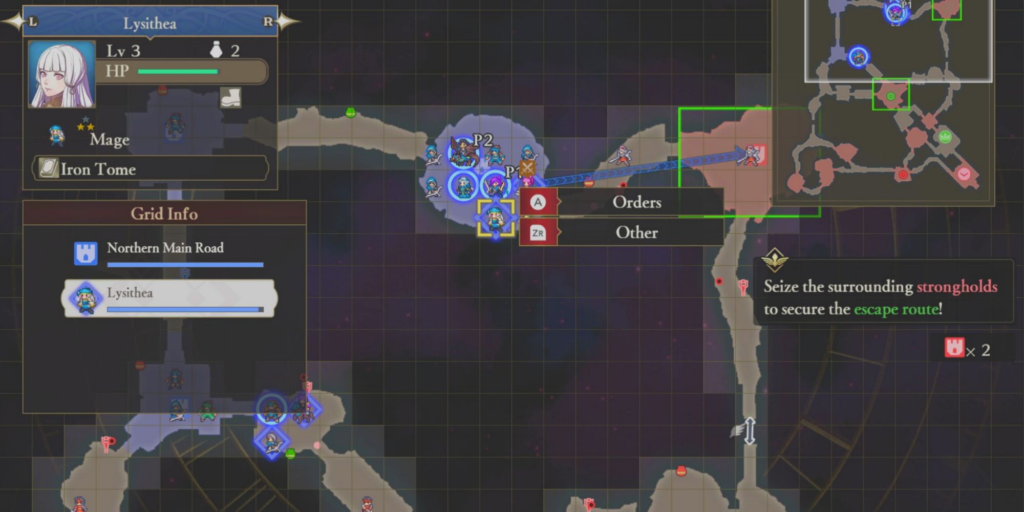 Player one assigns Lysithea the order to attack a stronghold on the battle map