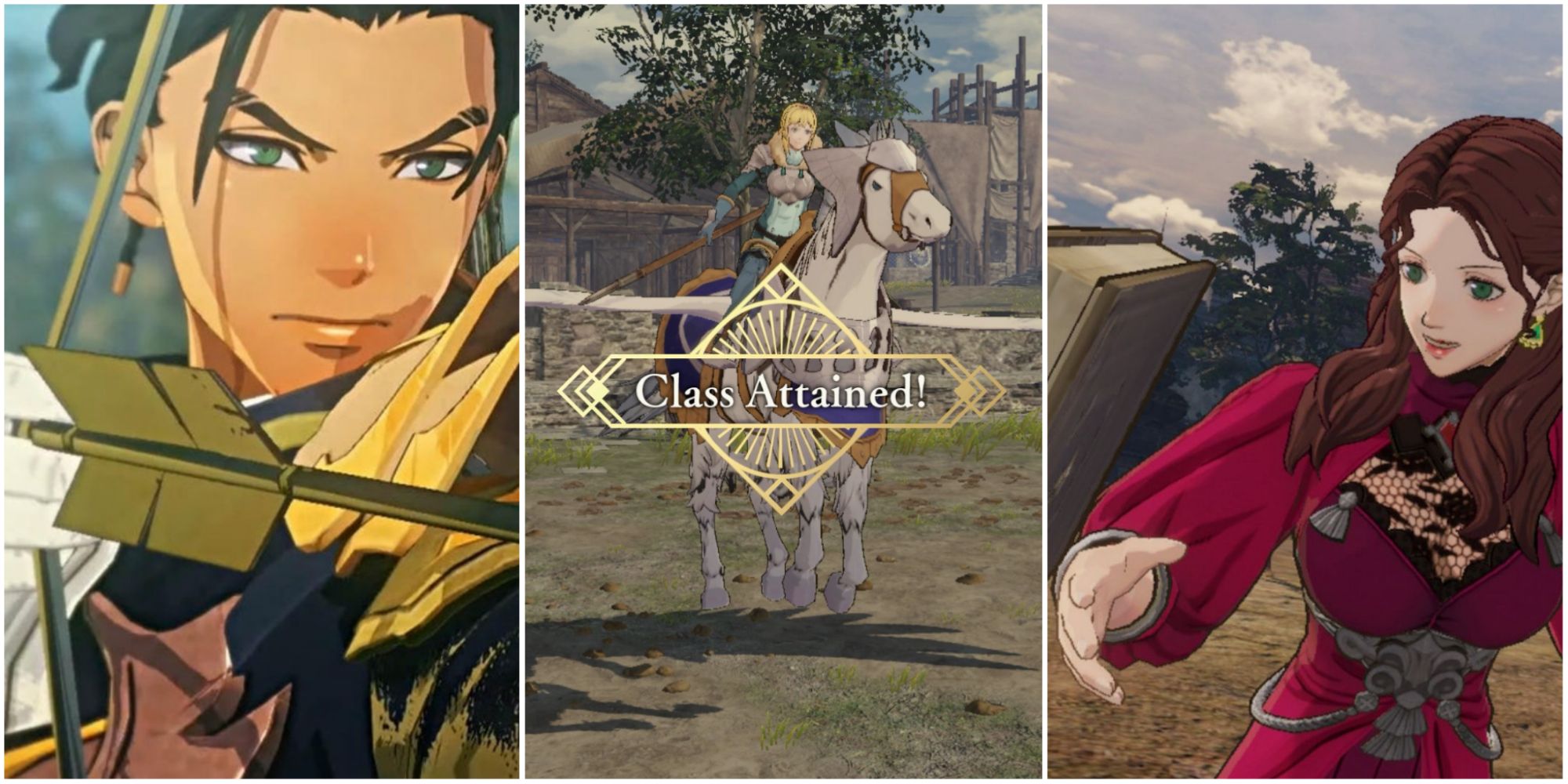 A split image of Claude aiming bow, Ingrid on pegasus, and Dorothea using magic tome