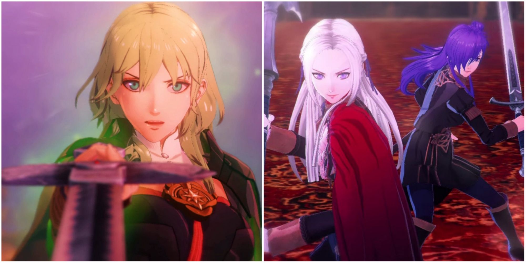 A split image of Blyeth holding sword out, and Edelgard and Shez standing with weapons at the ready