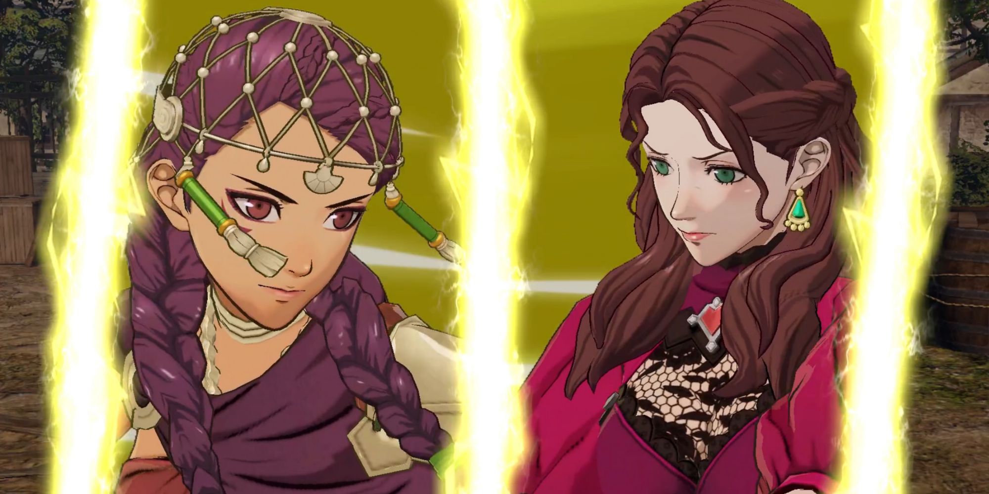 Petra and Doretha from Fire Emblem prepare to attack together in a flashy yellow cutscene