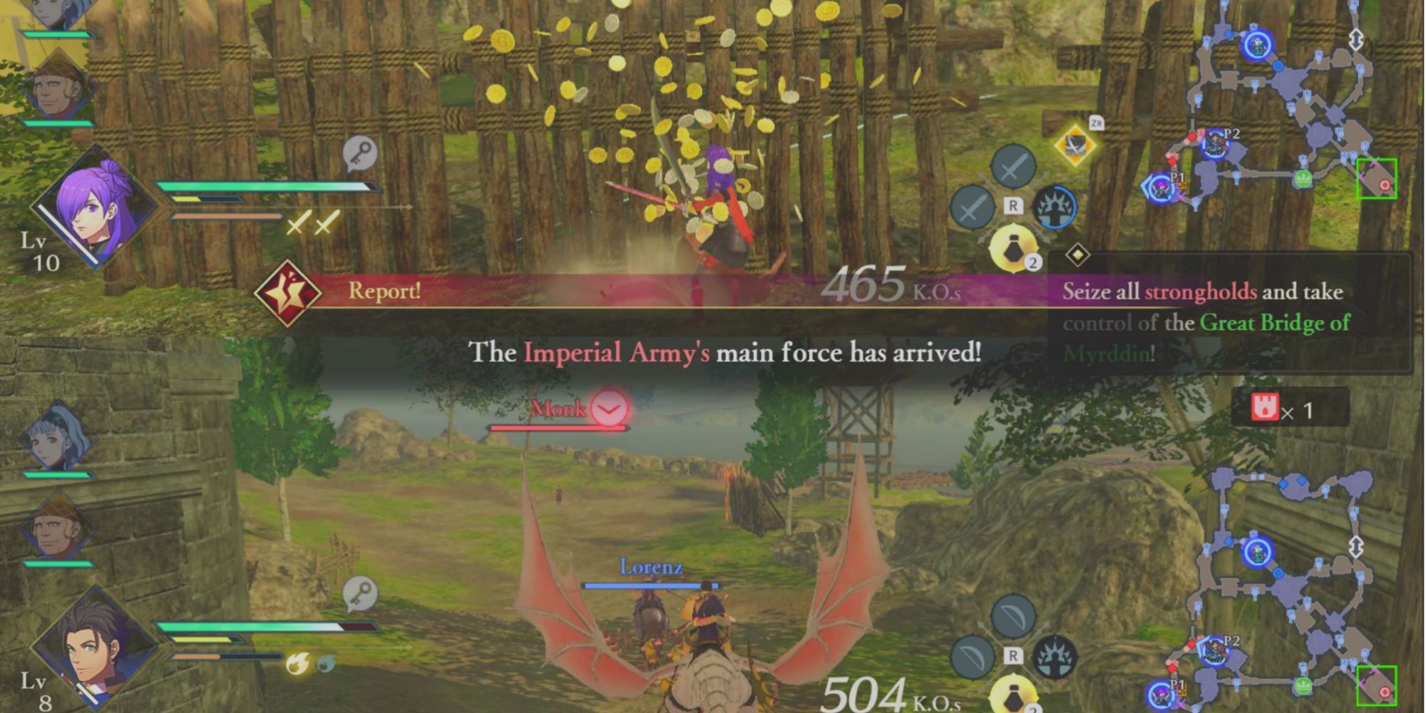 Shez breaks a red pot with gold at the top of the screen while Claude fights an enemy in the bottom half of the screen