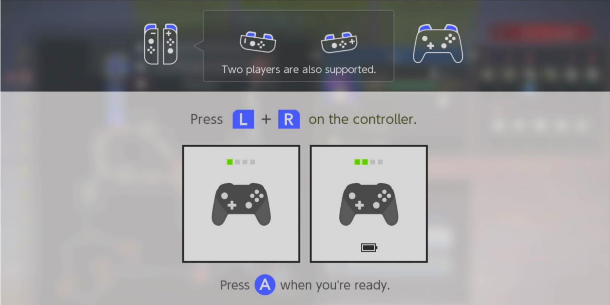 Two Nintendo Switch controllers are connected on the controller menu