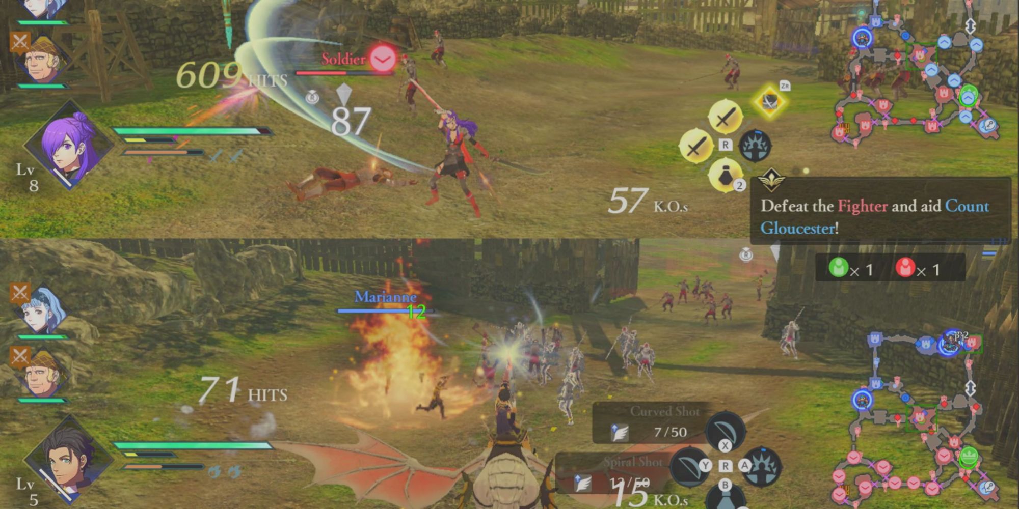 Shez fights enemies at the top of the screen and Claude fires arrows at enemies on the lower half of the screen