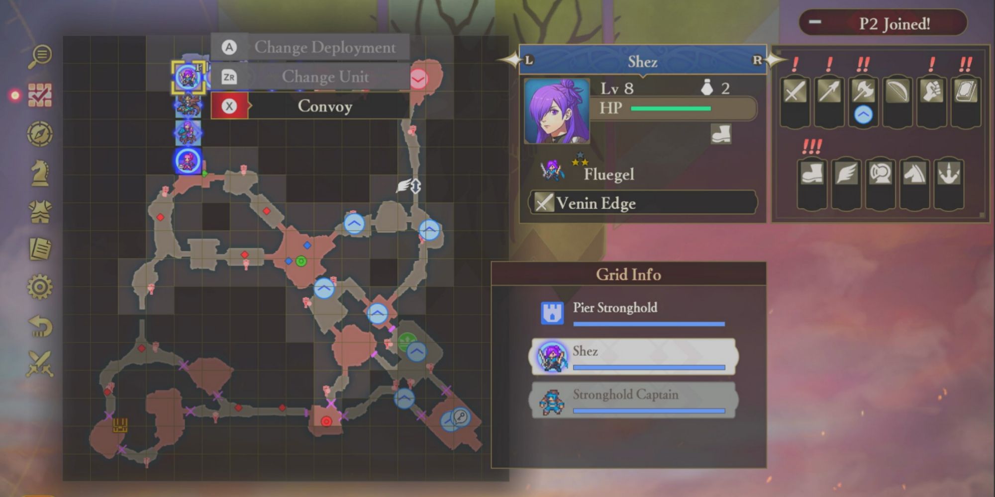 Shez is selected on the battlefield map, and enemy units to the south have blue arrows labelled on them