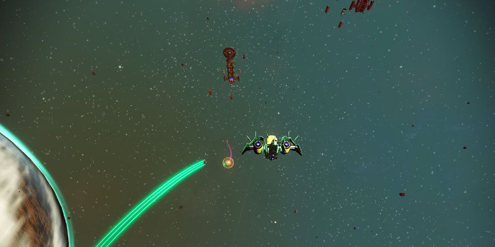 A green spaceship flies through space as other ships fly in the distance