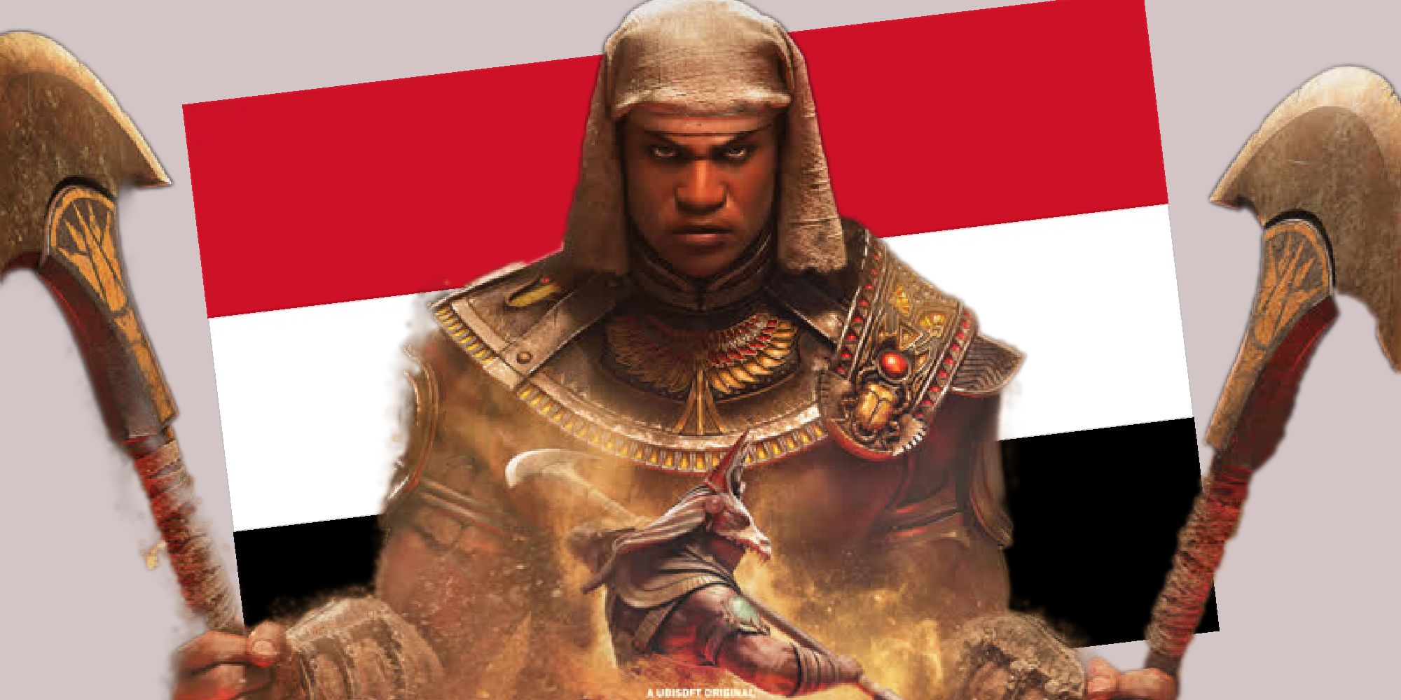 For Honor's Neferkha the Medjay holding two axes in front of the egyptian flag