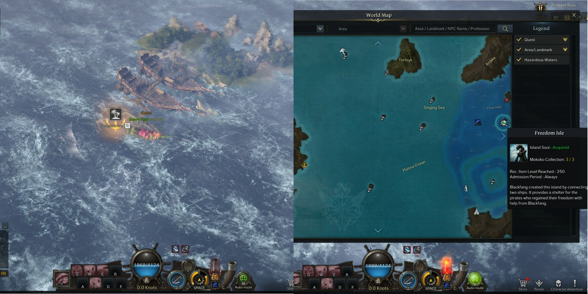 Lost Ark split image of Freedom Isle location on open sea and map
