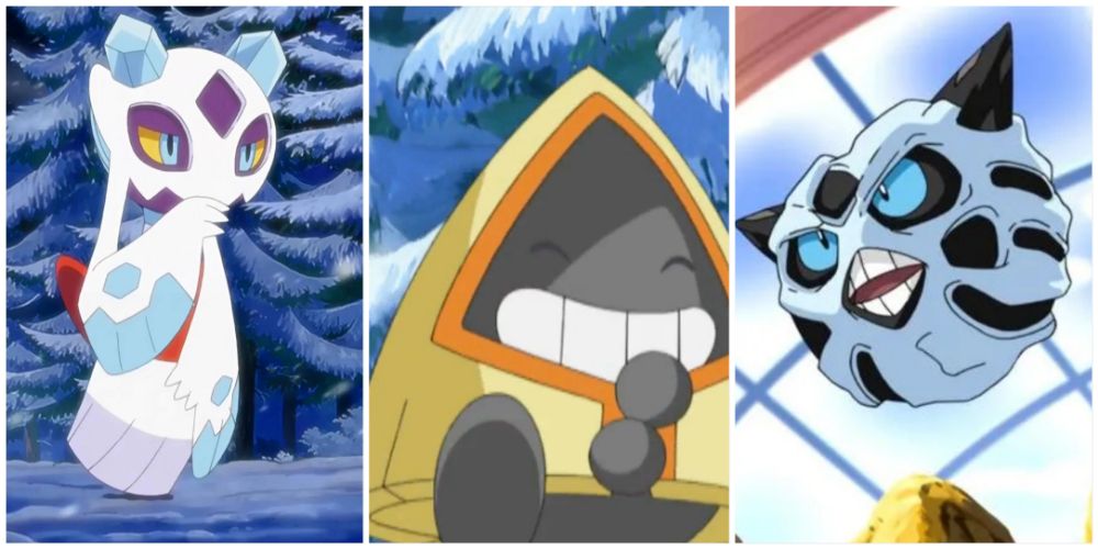 Split image screenshots of Frosslass, Snorunt and Glalie in the Pokemon anime.