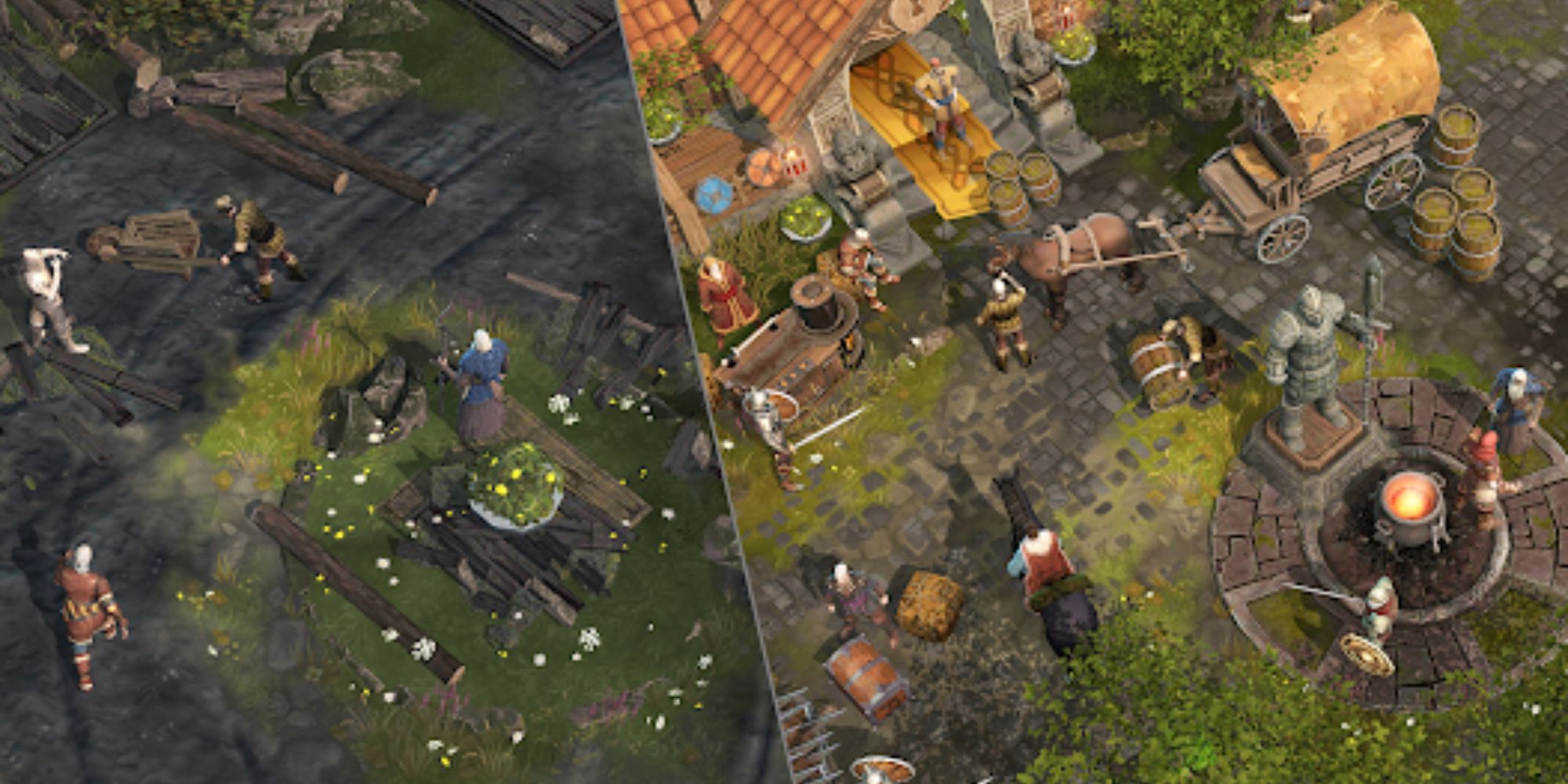 Multiple people from crafting and doing other labor work (left) people standing in the village (right) (from Frostborn)