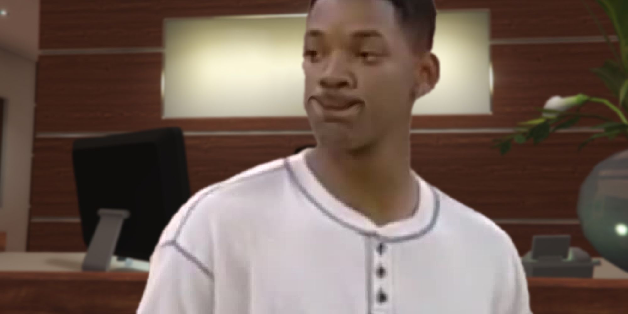 an office in gta online with will smith looking around with an upside down smile