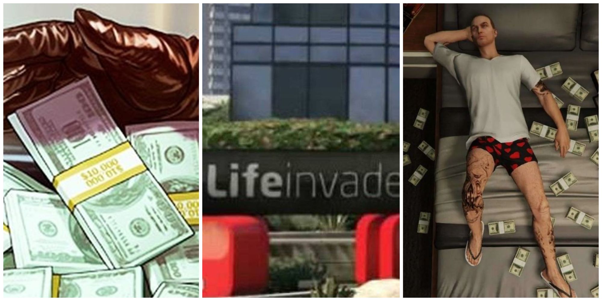 Grand Theft Auto 5 split image of cash, the lifeinvader logo, and a man surrounded by cash