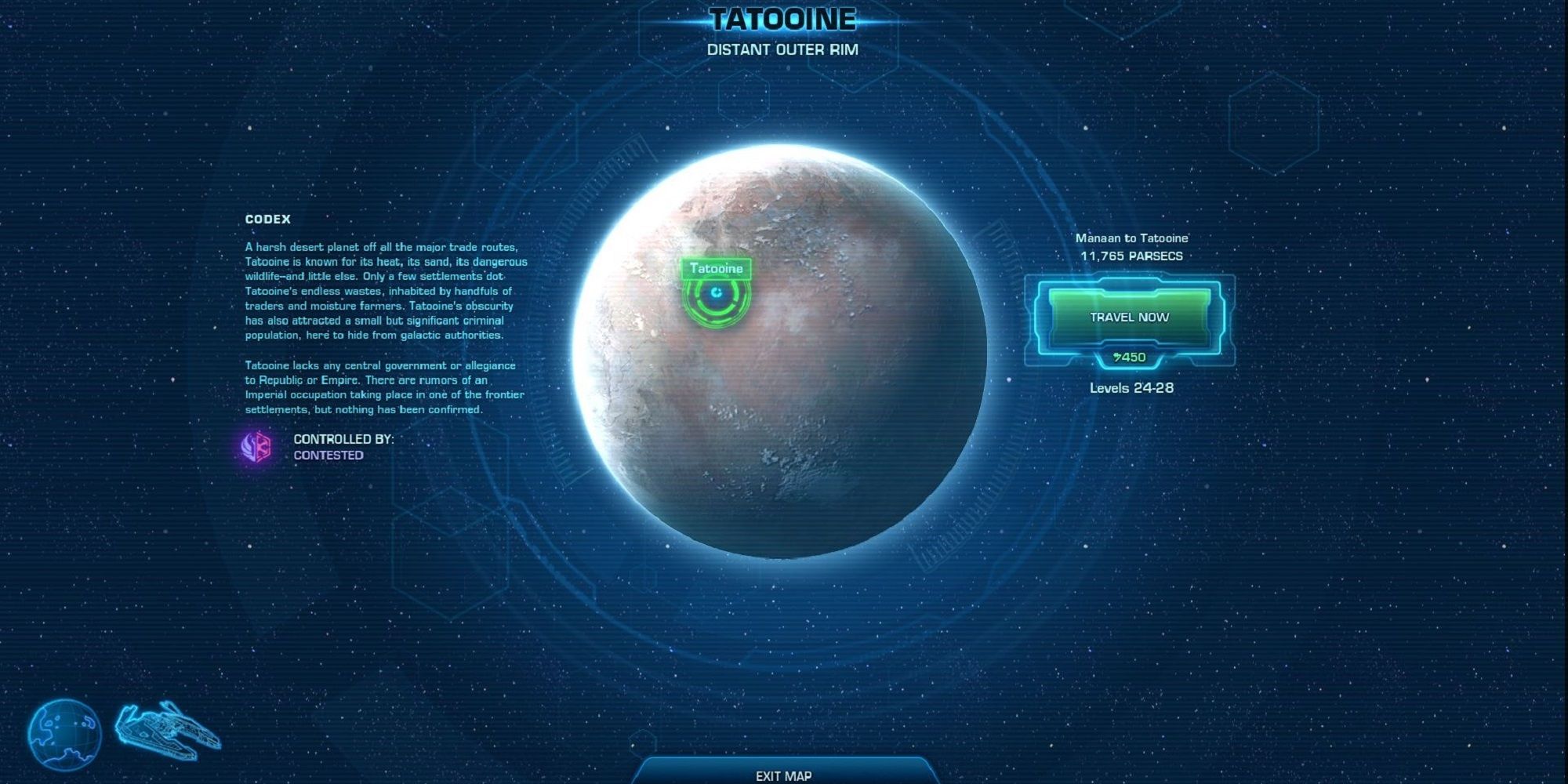 SWTOR's galaxy map interface after selecting Tatooine