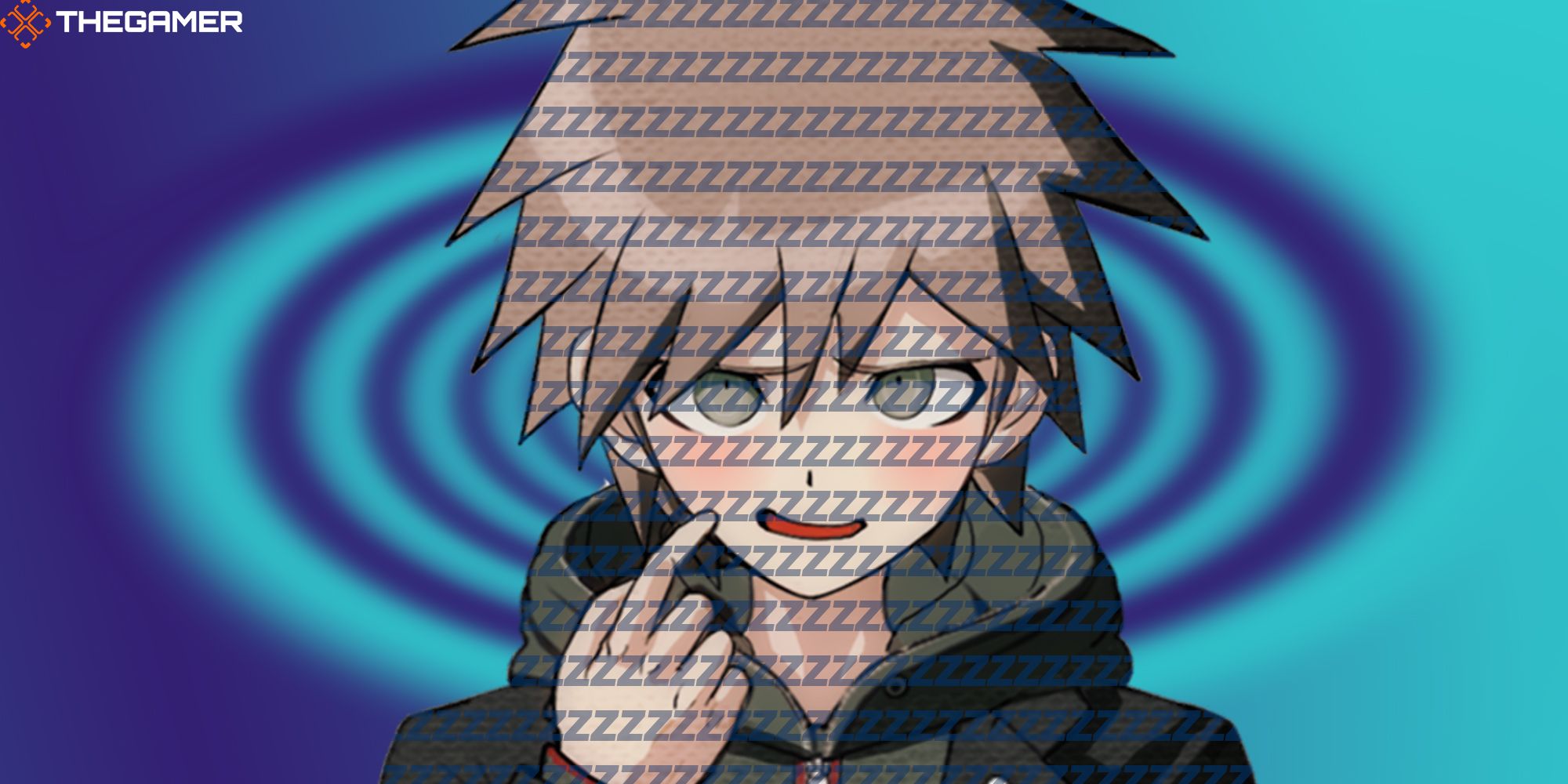 A flustered Makoto Naegi (Danganronpa), covered in Zs, stands in front of a hypnotic swirling blue background.