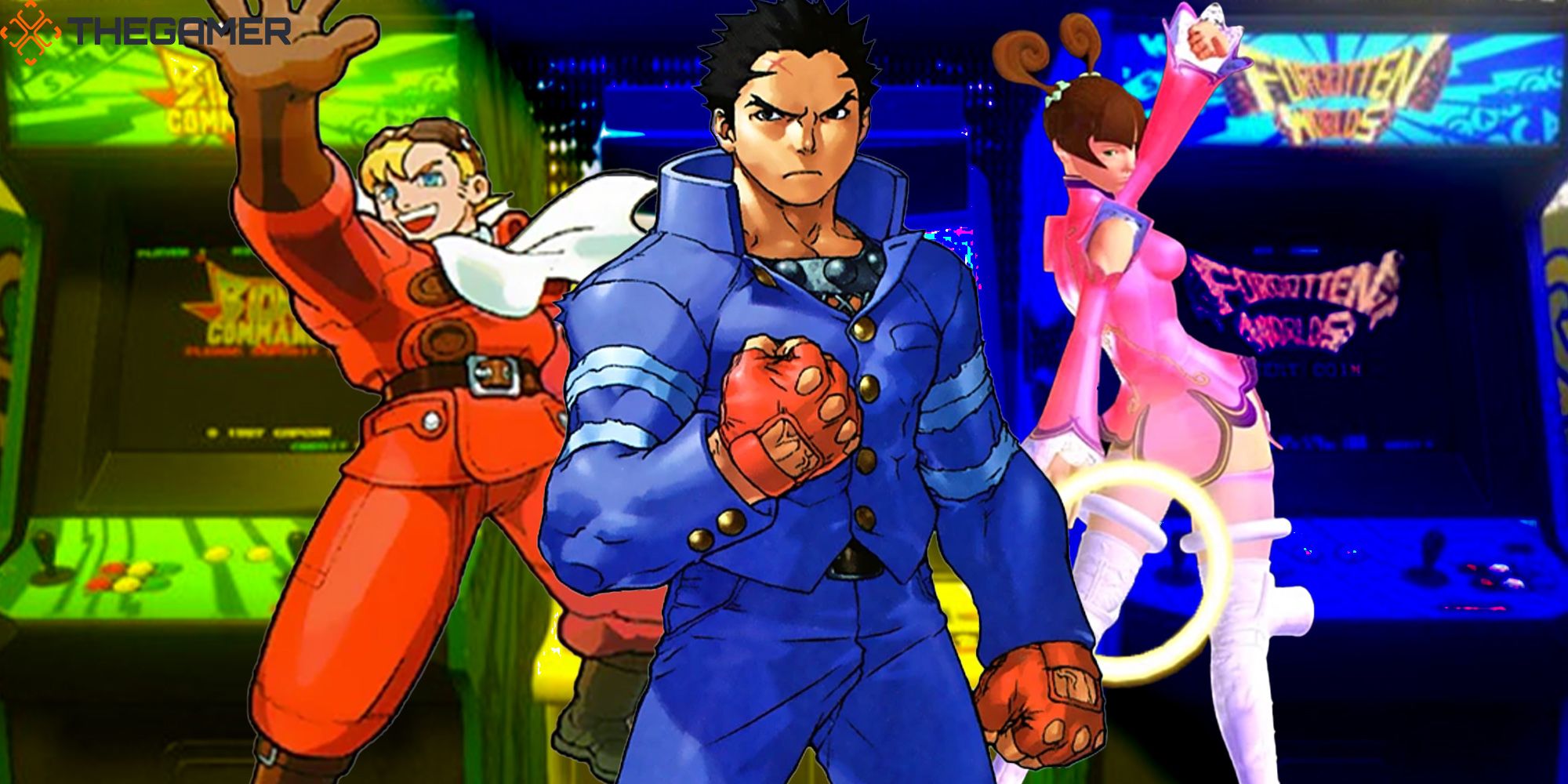 Falcon from Power Stone, Batsu from Rival Schools, and June from Star Gladiator, stand in front of a row of blue and yellow tinted arcade cabinets.