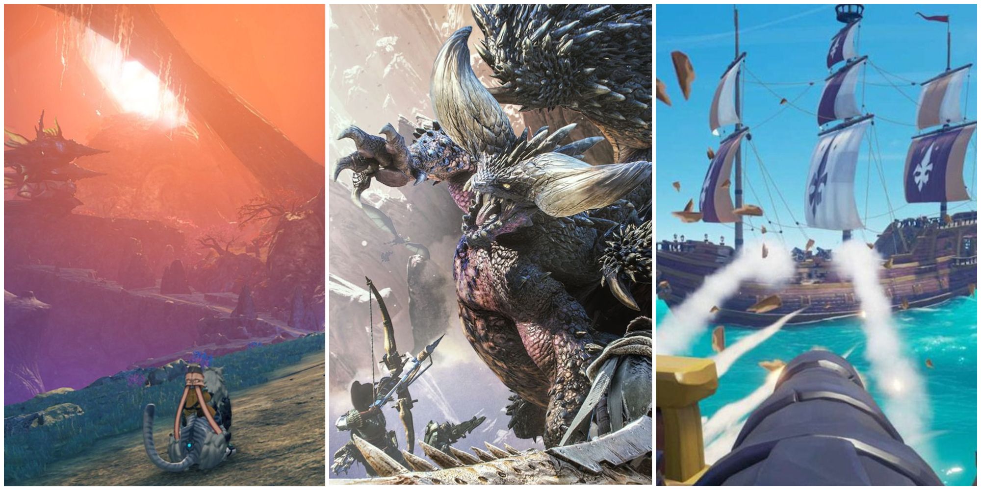 Split image of Xenoblade, Monster Hunter, and Sea of Thieves