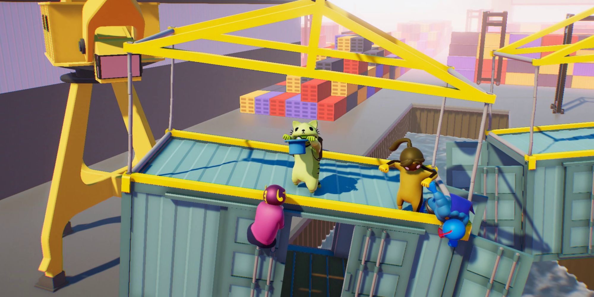 Four players fighting each other on shipping container in Gang Beasts