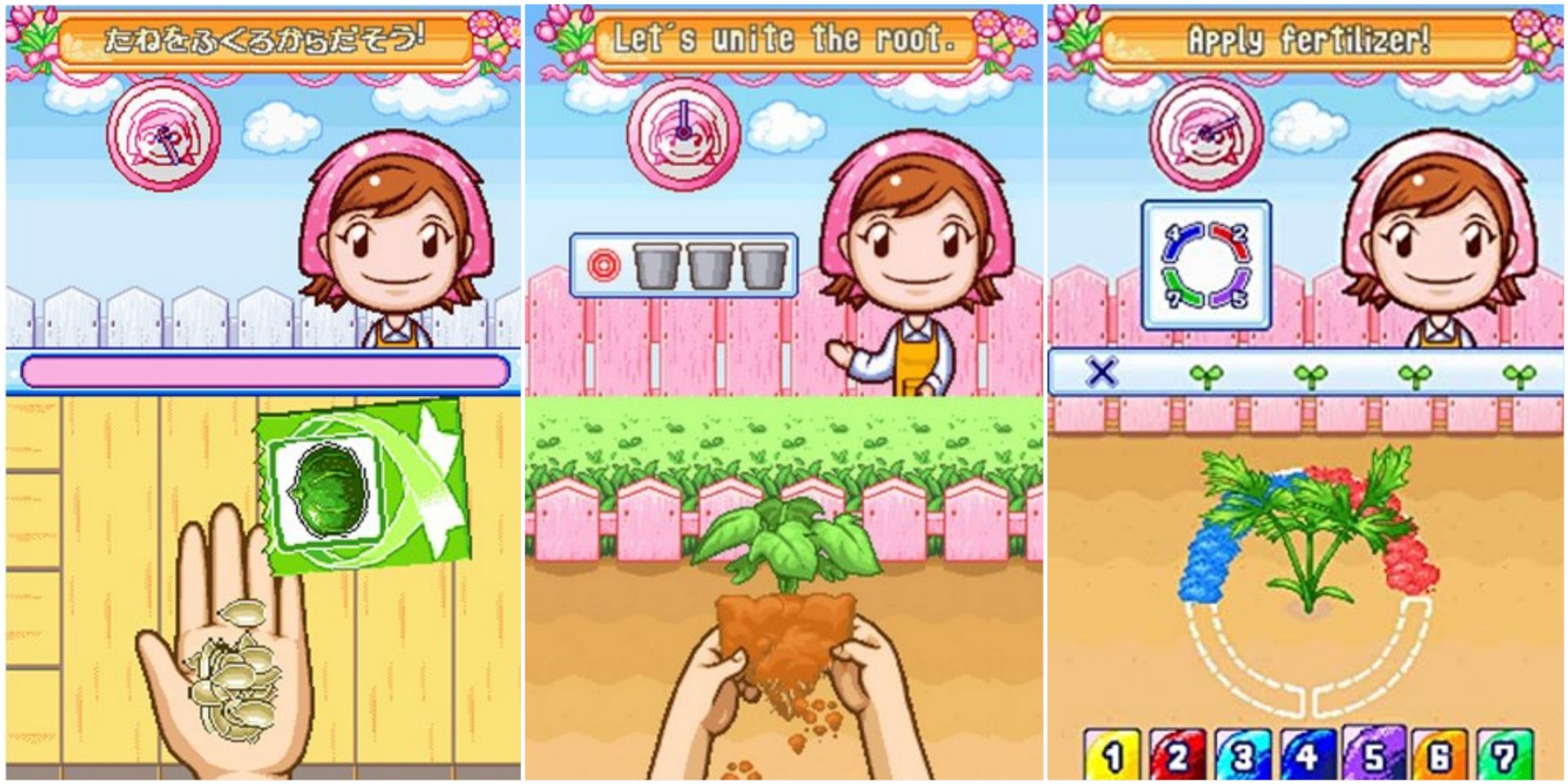 Split image of player pouring seeds in hand, player lifting plant out of soil, and player fertilizing soil