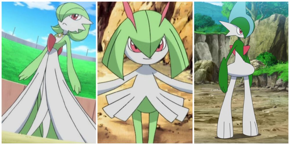 Split image screenshots of Gardevoir, Kirlia and Gallade in the Pokemon anime.