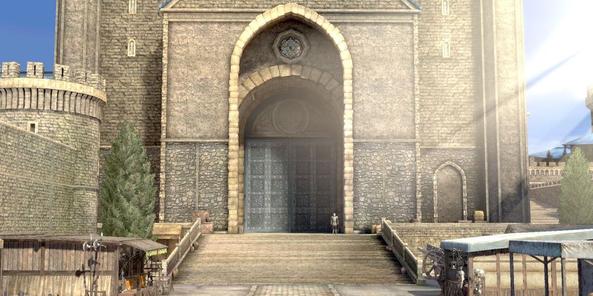 Wide shot of the courtyard of Garreg Mach Monastery in Fire Emblem Three Houses