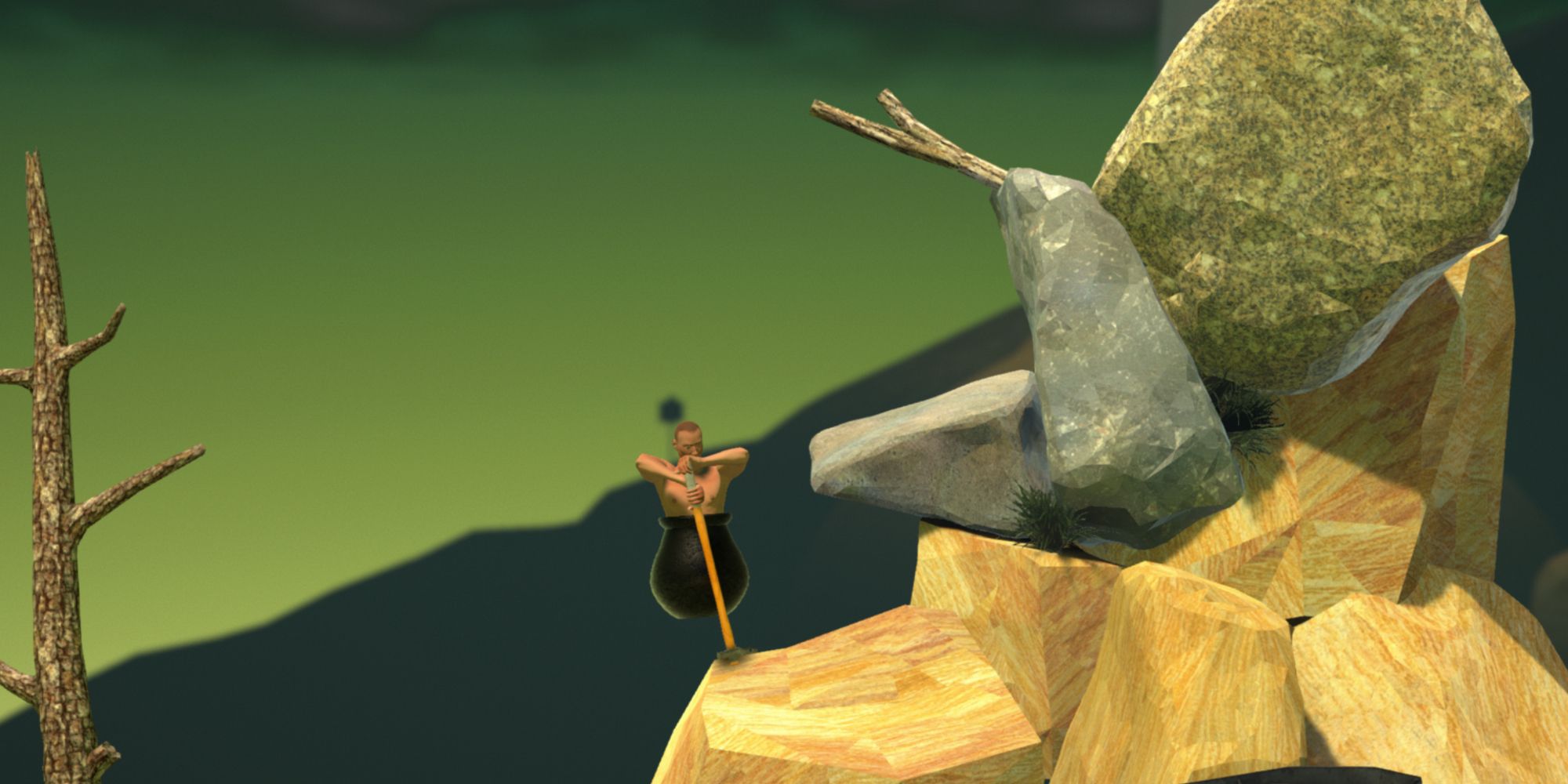 Man in pot pushing himself off of rock in Getting Over It with Bennett Foddy