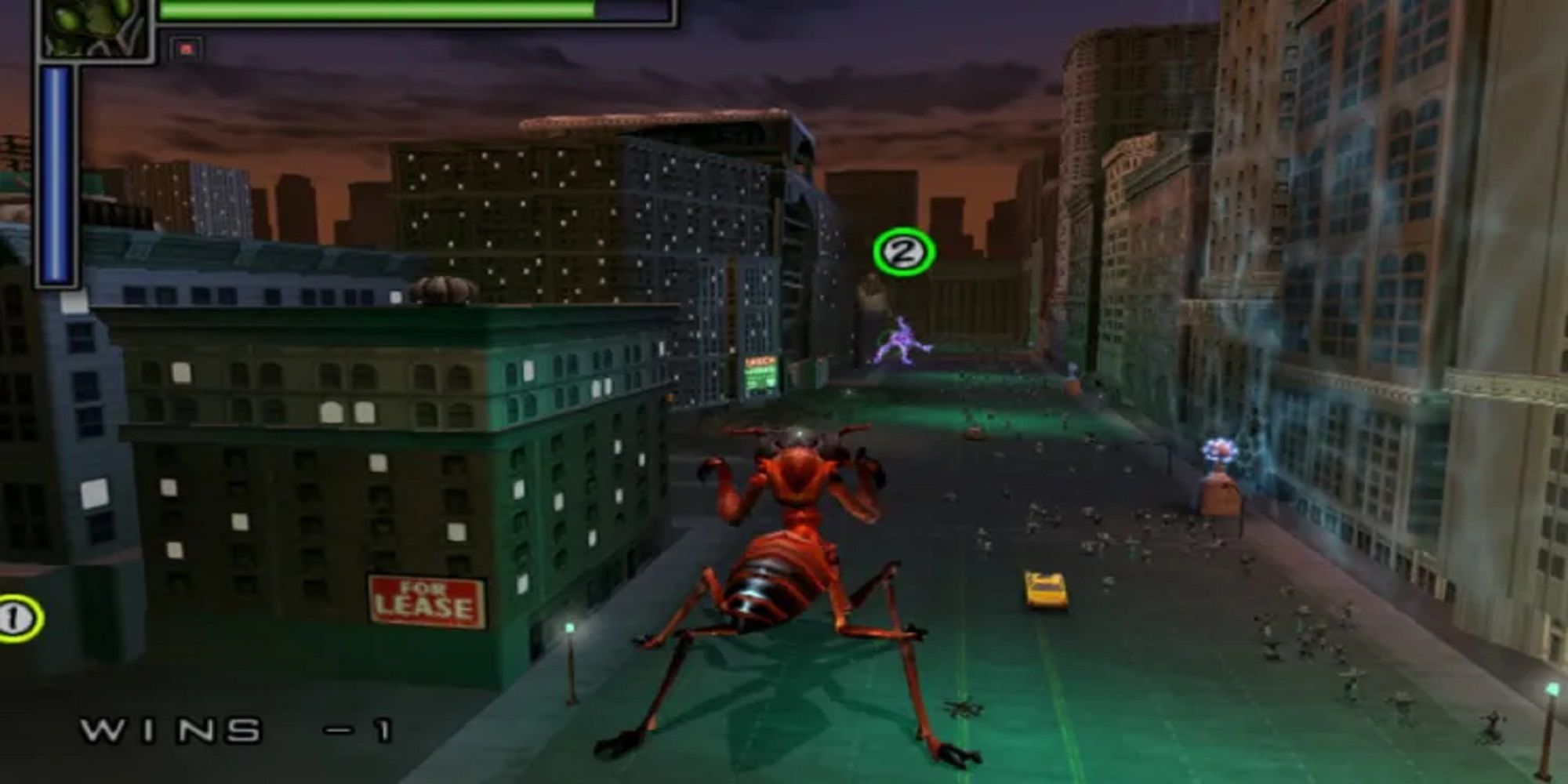 A Giant Ant terrorizes a cityscape in War Of The Monsters.