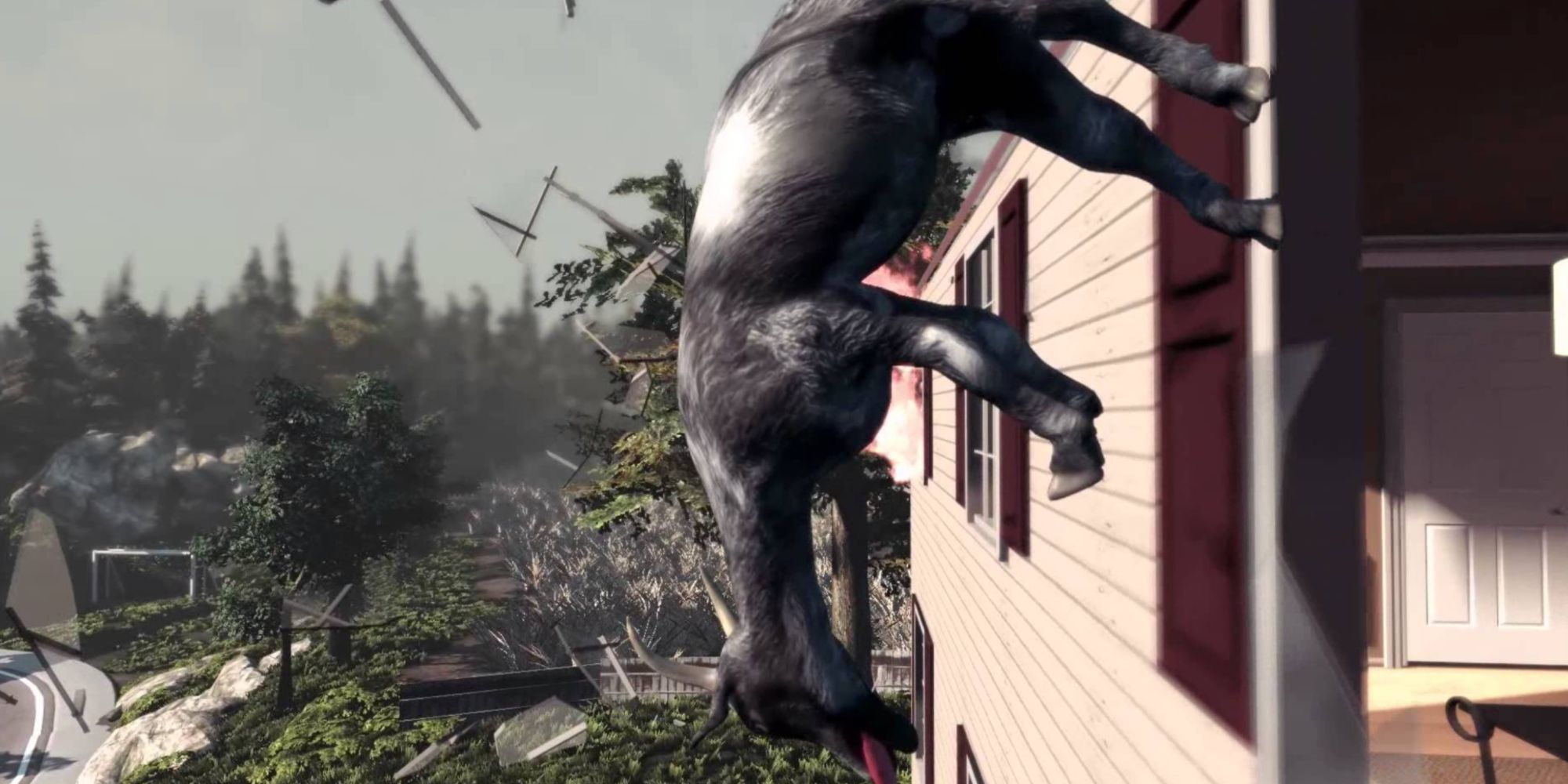 Goat flying out of a smashed window in Goat Simulator