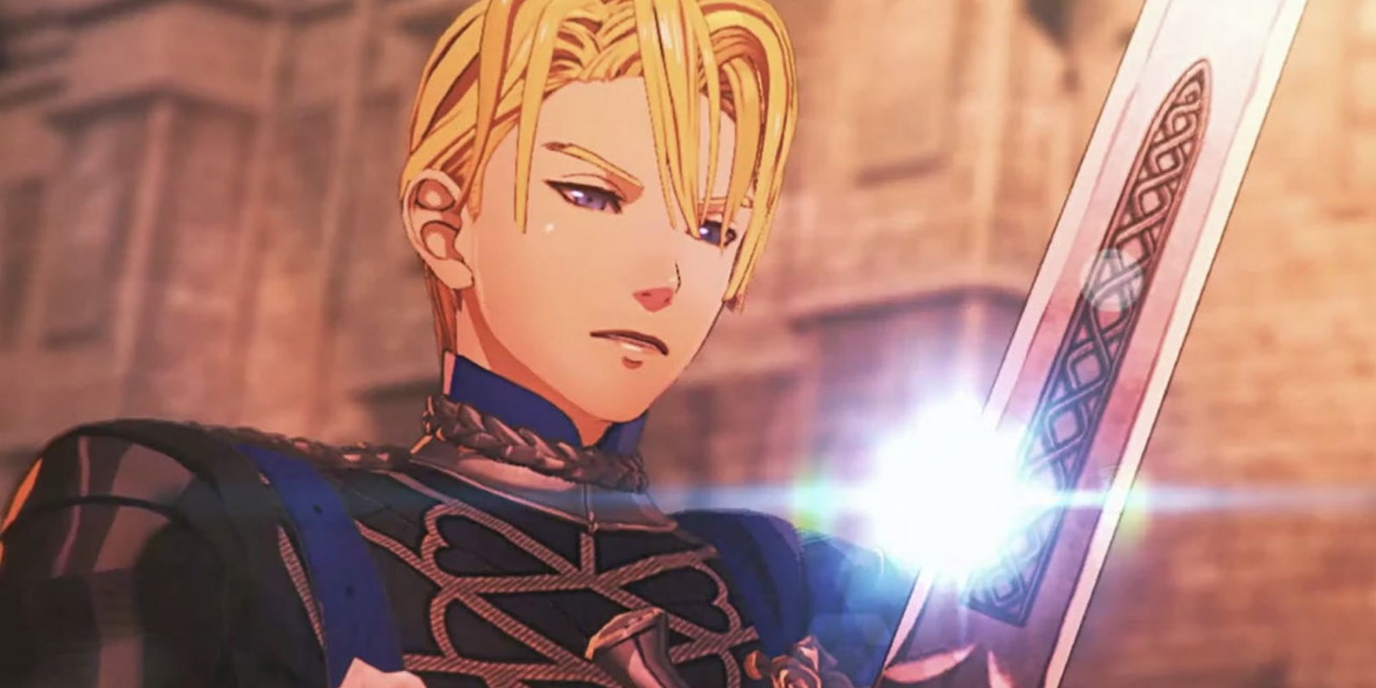Dimitri holds sword glinting in the sunlight