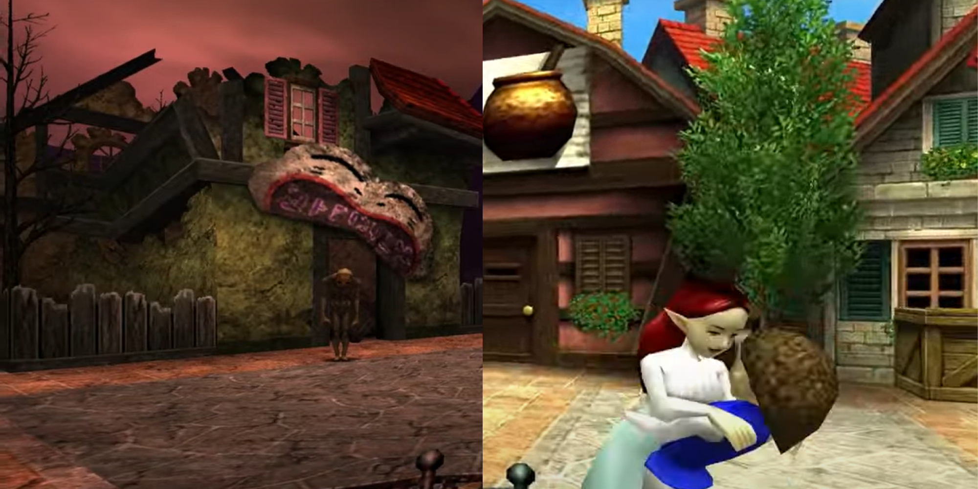 Ocarina of Time's Hyrule Castle Town with Re-Dead on Left and Dancing Couple on Right