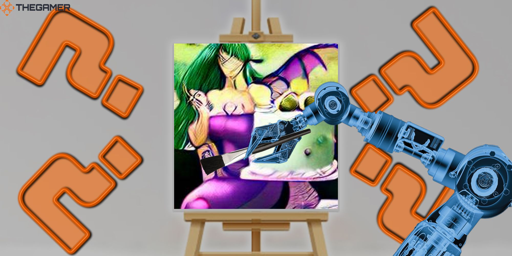 A robotic arm paints a portrait of Morrigan Aensland holding a cake. The easel that the robot is painting on is surrounded by four orange question marks.