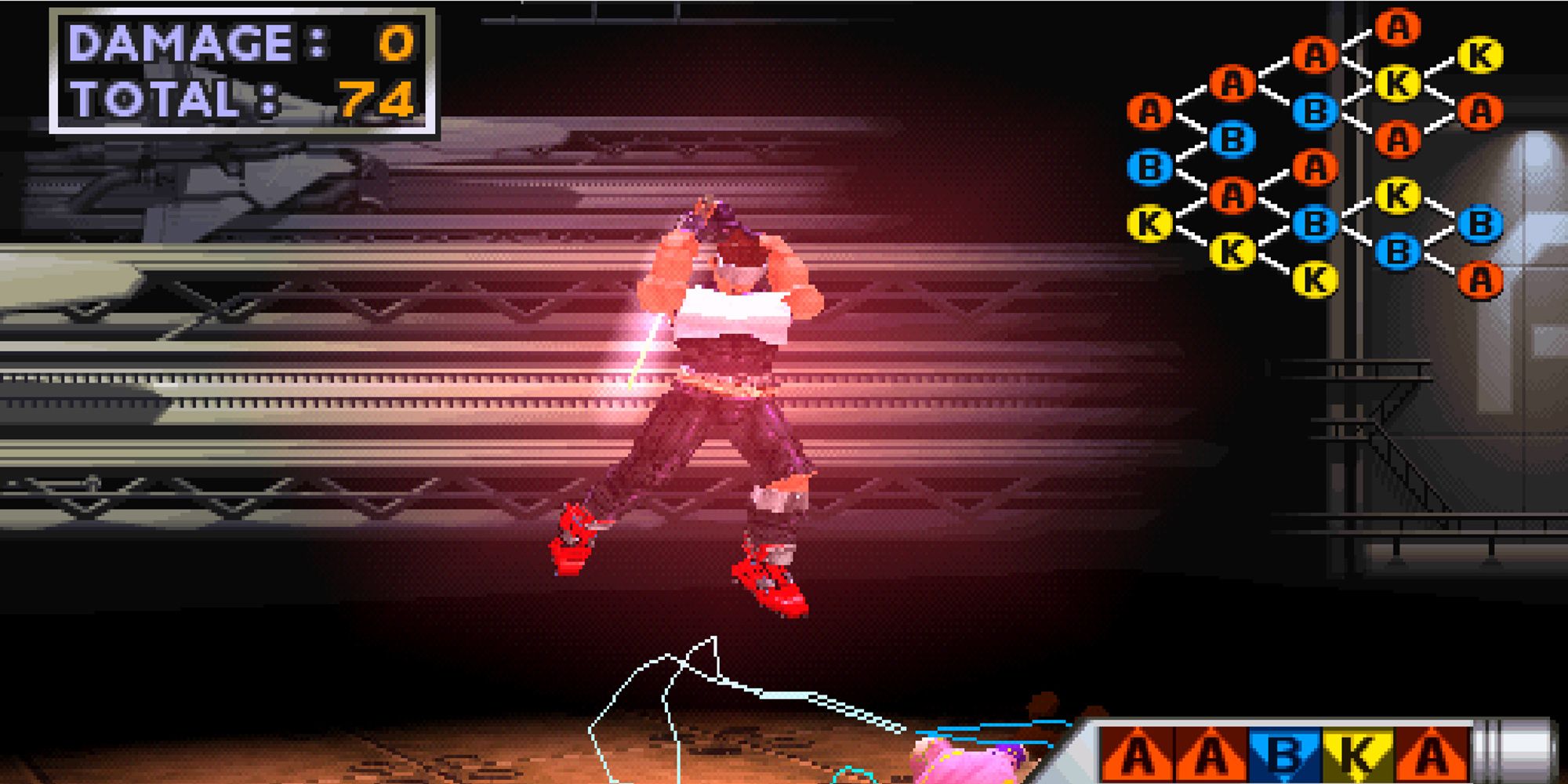 Hayato rises into the air with a glowing lightsaber on a spaceship base in Star Gladiator.