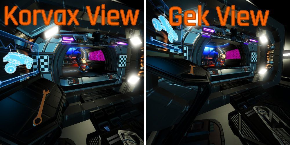 Split image showing the same location at two different height levels.  Korvax View labels on the left and Gek View labels on the right.
