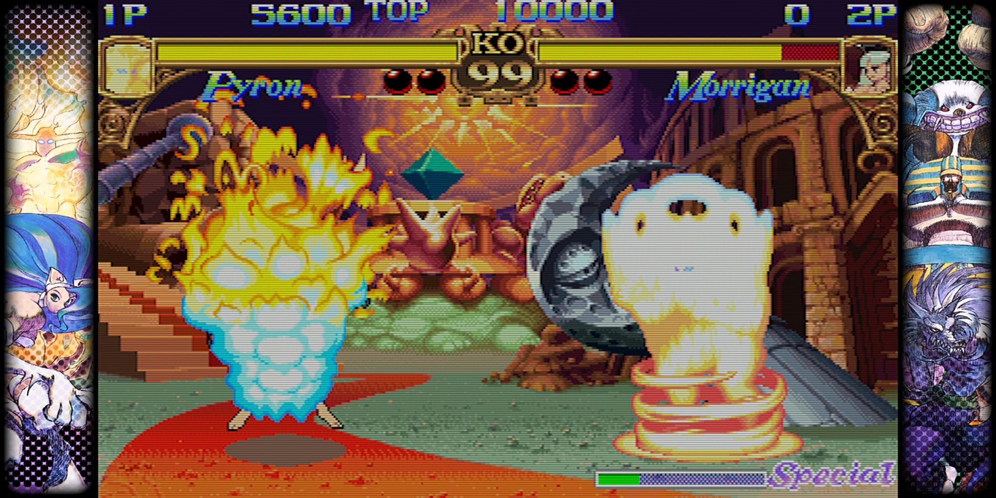 Pyron ignites Morrigan in flames during a heated battle in Hellstorm in Darkstalkers, a game in Capcom Fighting Collection.