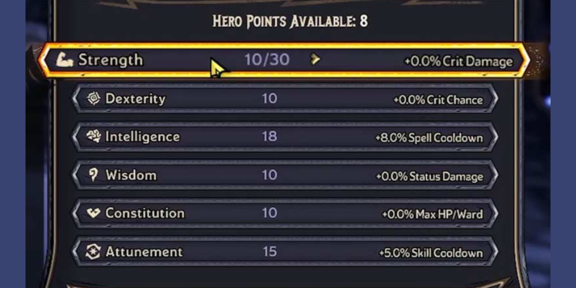 Screenshot of Hero stats in Tiny Tina's Wonderlands.