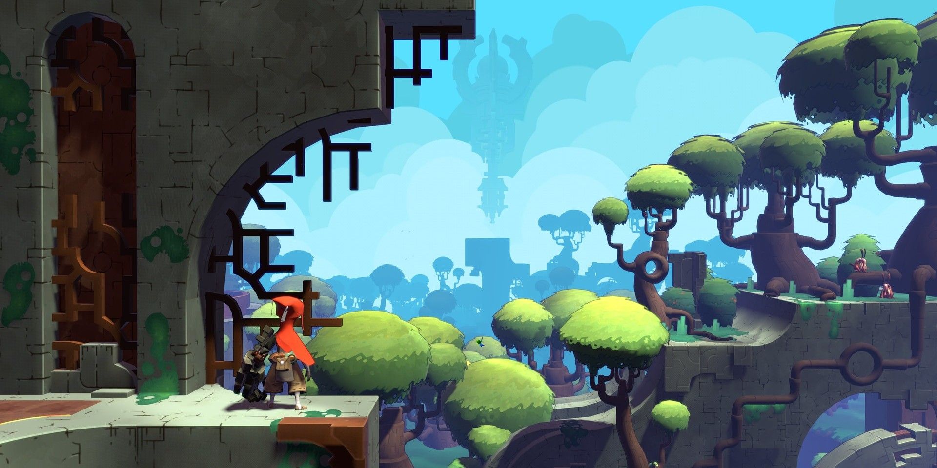 Hob screenshot of main character looking over a forest area