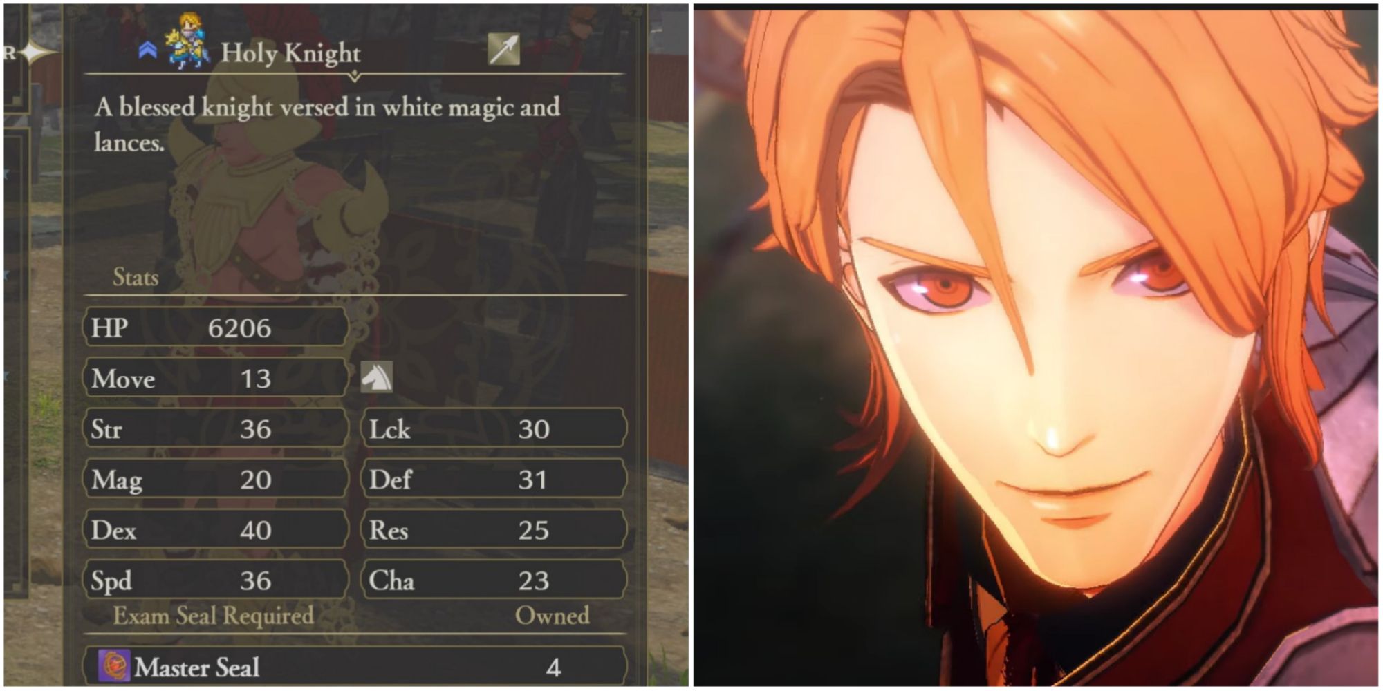 Split image of Holy Knight stat screen and Ferdinand