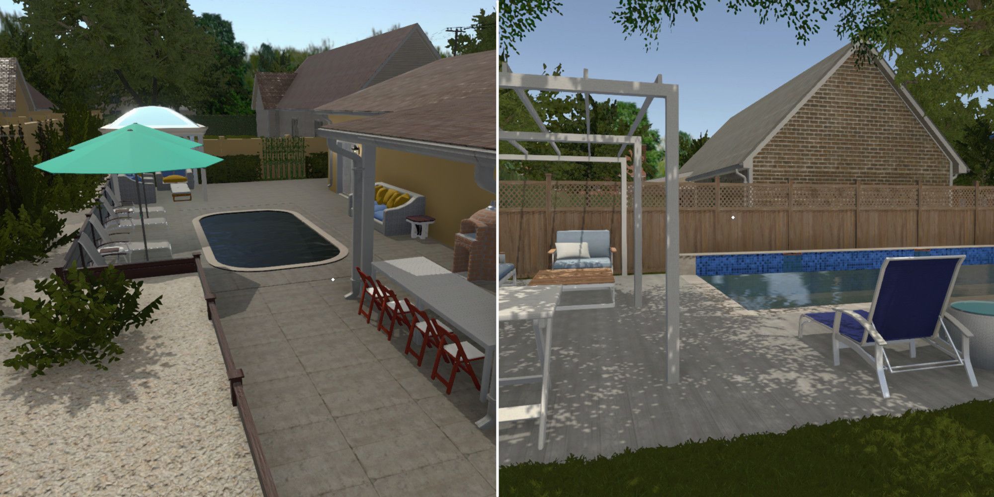 Photo collage of two yards from House Flipper, decorated using stuff from the Garden Flipper DLC