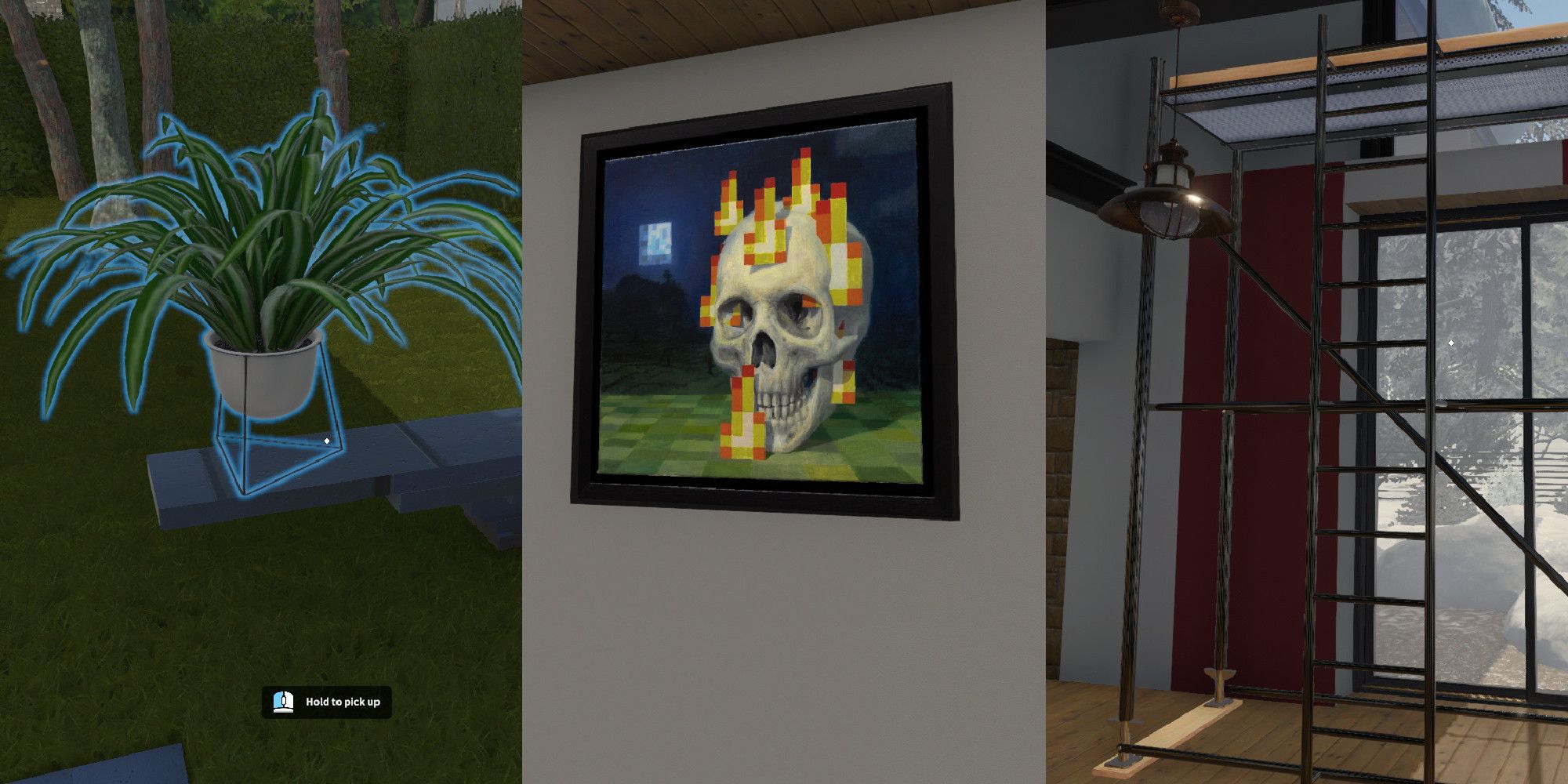photo collage of screenshots from House Flipper, including a plant on a stack of paving stones, a Minecraft Painting added in as a custom image, and some scaffolding with a ladder