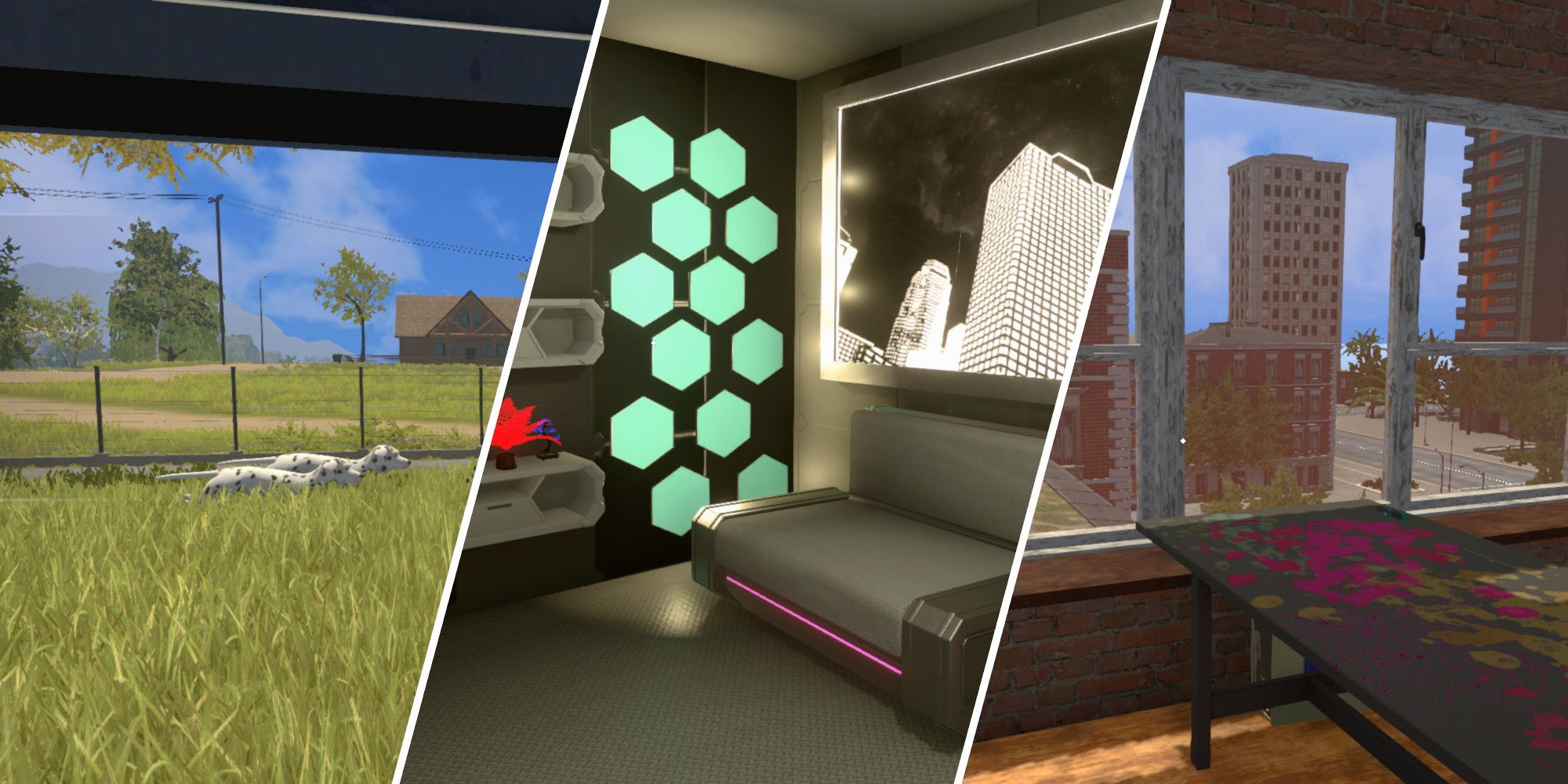 Photo collage of dalmations from the pets dlc, a cyberpunk apartment, and a loft apartment, all from House Flipper