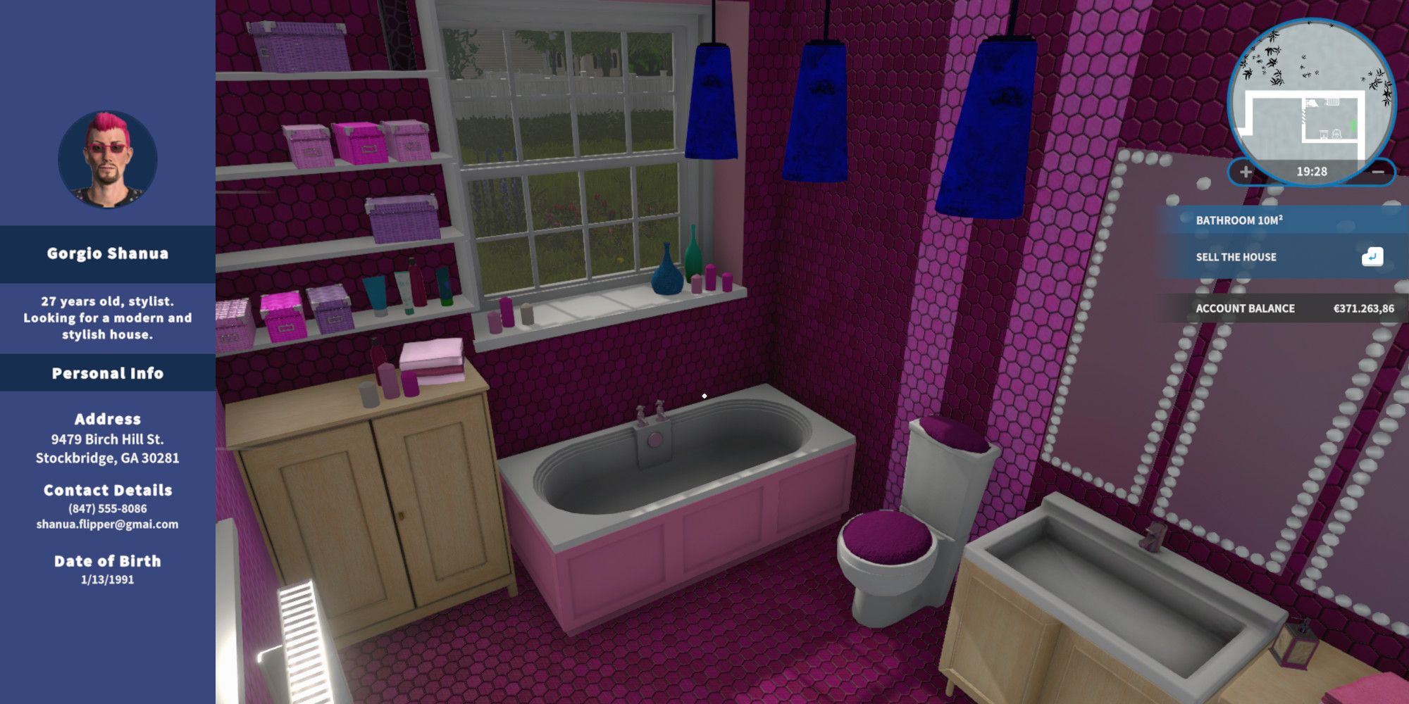 House Flipper Gorgio Shanu's bio next to a screenshot of a very very pink bathroom