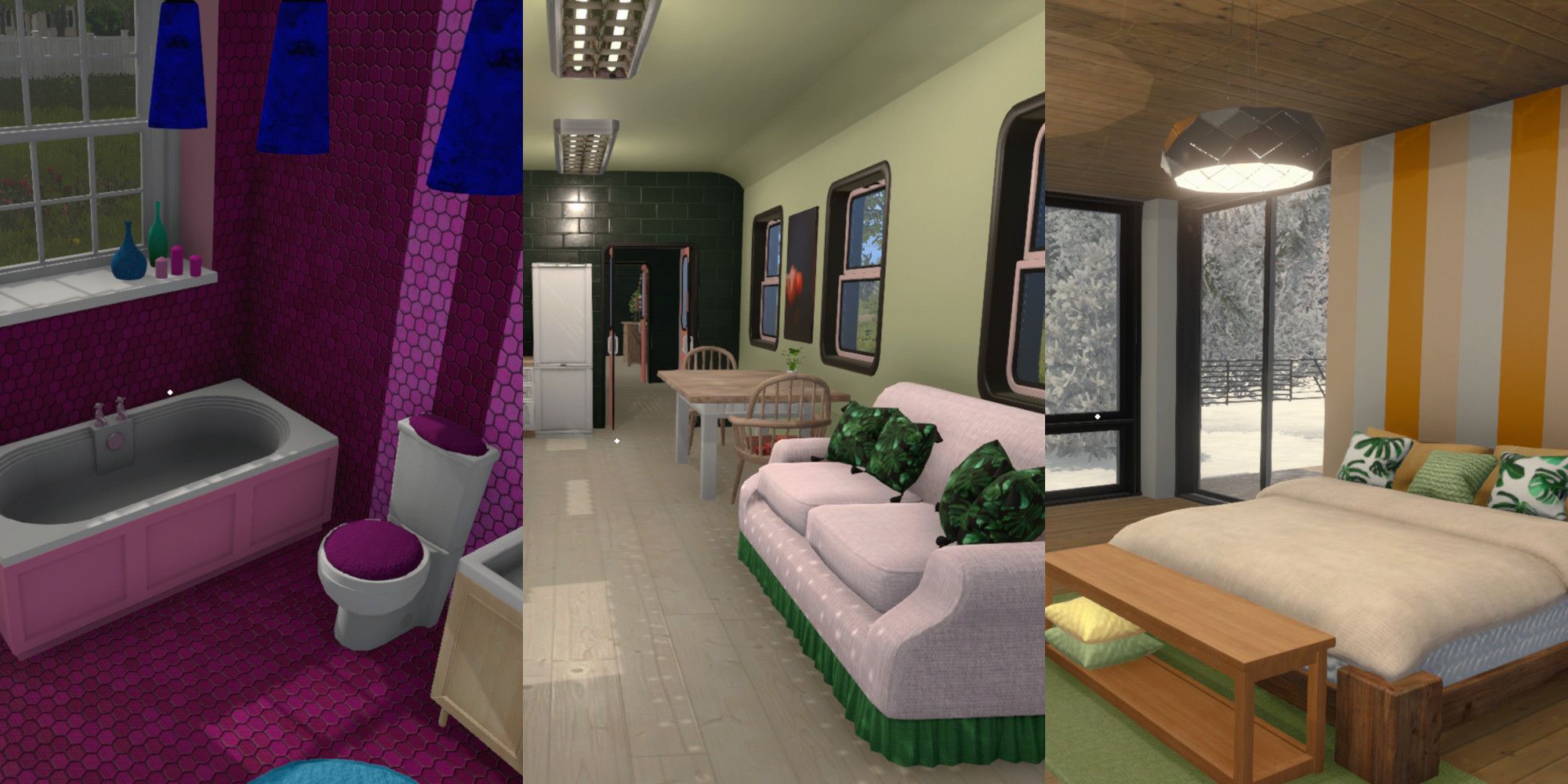 Photo collage of a bathroom, living room + kitchenette, and bedroom from House Flipper